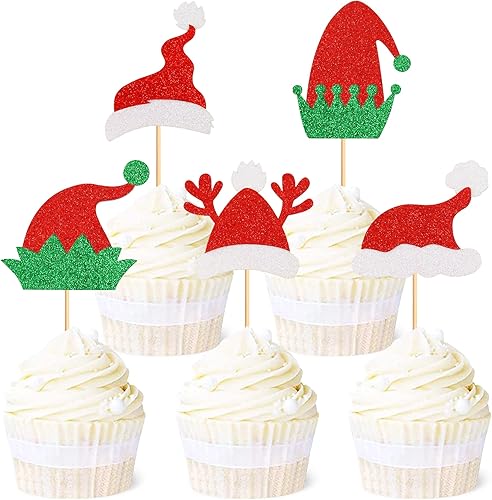 Miniatura 1 de Ercadio Paquete de 25 sombreros de Papá Noel y sombrero de elfo, adornos para cupcakes, sombrero de Papá Noel, adornos para cupcakes, sombreros de