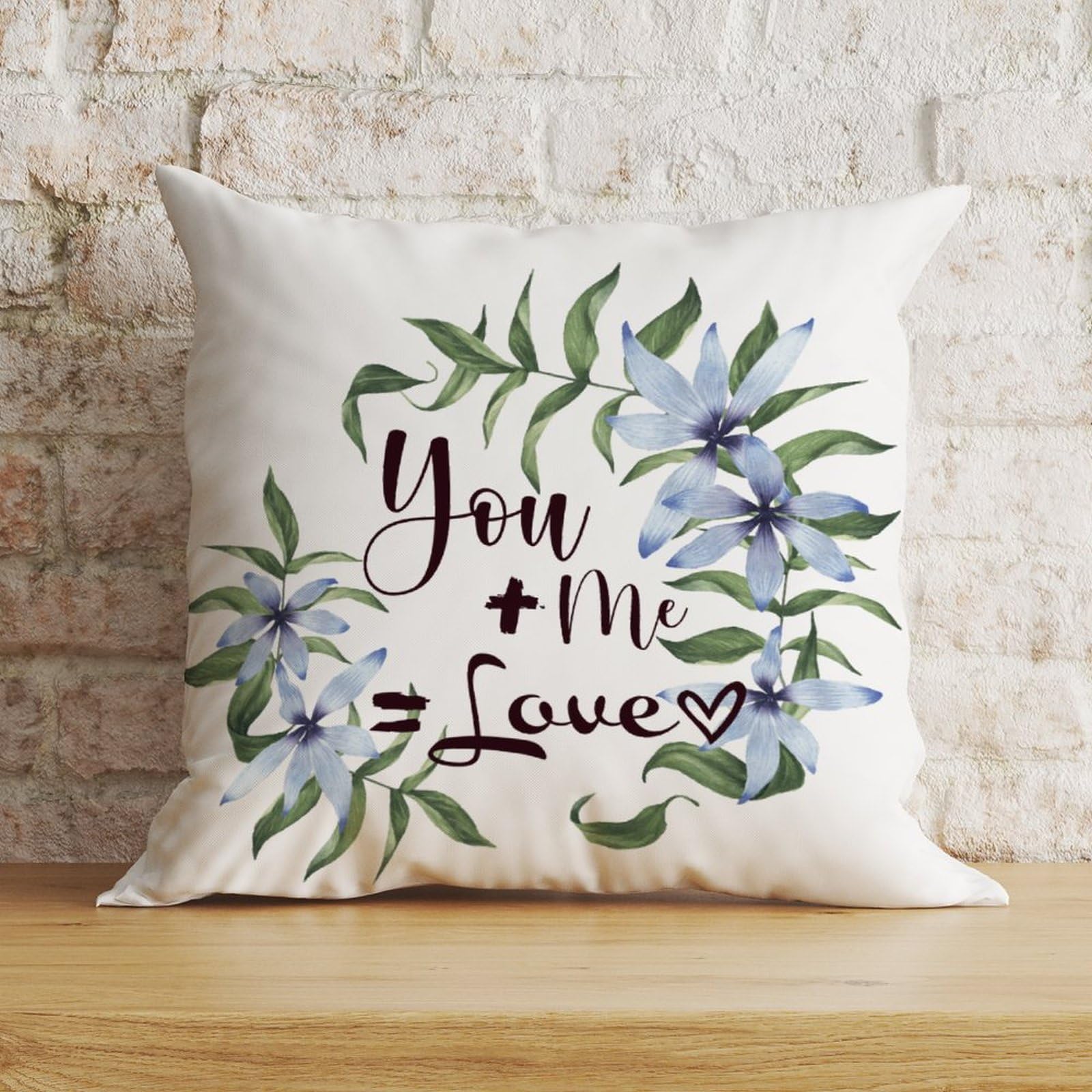 Zyadsinoudor You+me=love Throw Pillow Case Blue Floral Wreath Pillow Case Family Phrase 20x20in Decorative Pillow Home Cotton Linen Abstract Throw Pillow Case For Couch Sofa Chair Bed Home Car
