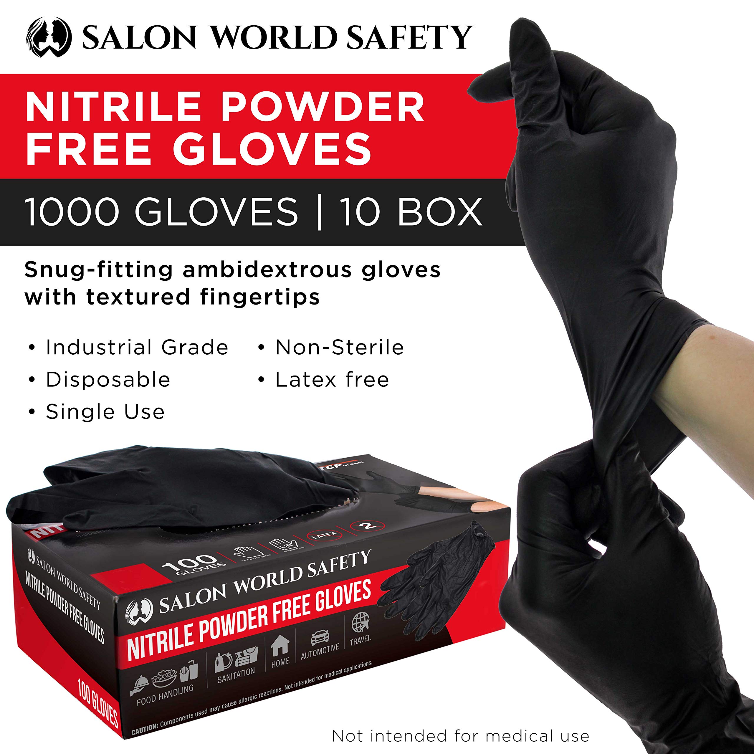 Salon World Safety Guantes desechables de nitrilo negro, 10 cajas de 100, tamaño mediano, 5.0 mil, sin látex, texturizados, aptos para alimentos