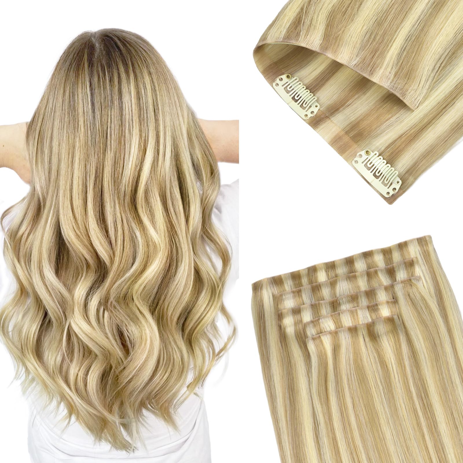 GOO GOO Invisi Edge Clip in Hair Extensions 14inch 110g 7Pcs Injected Seamless PU Clip in Hair Extensions, Virgin Real Human Hair, 16/22 Light Blonde