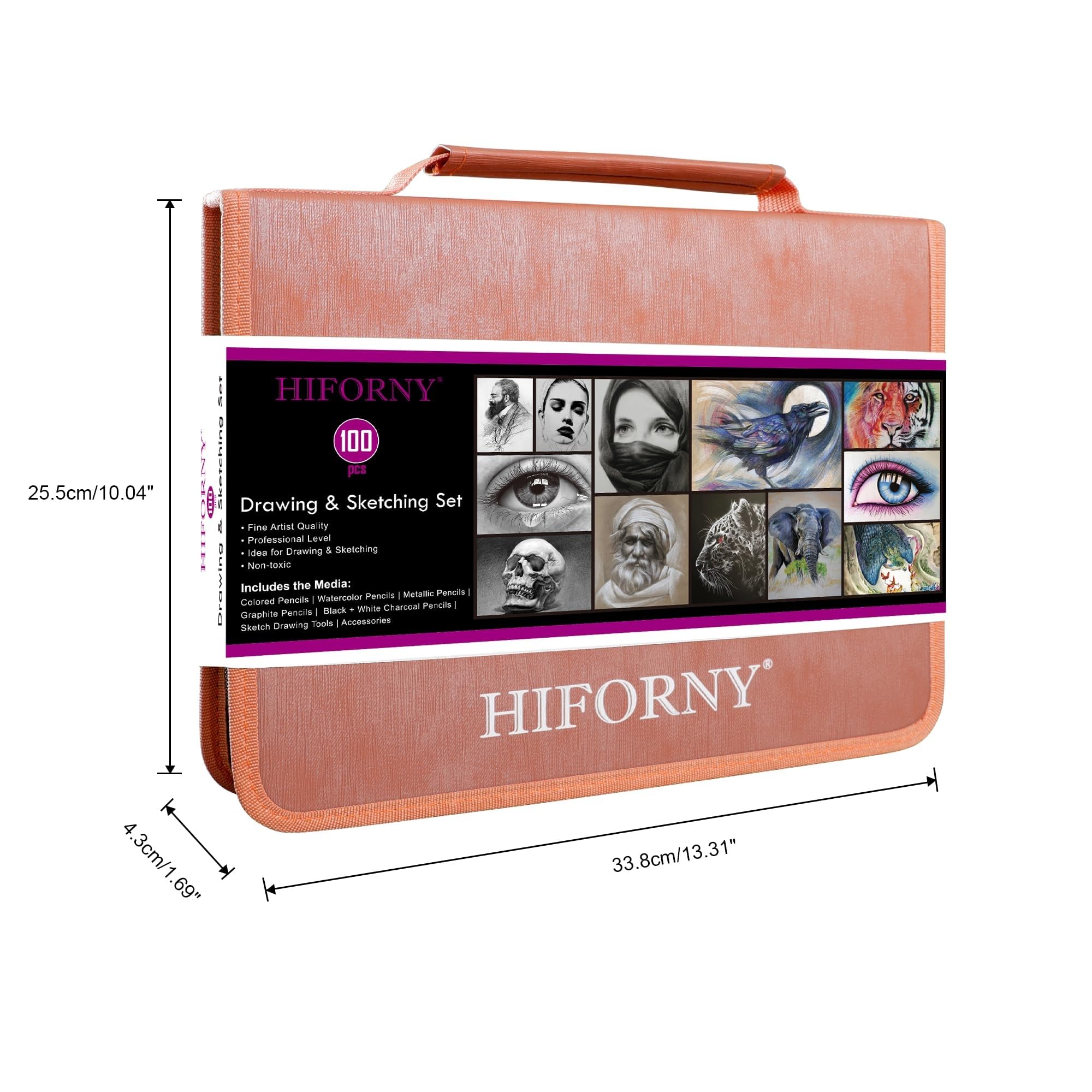 HIFORNY 100-teiliges Zeichen- und Skizzierset, professionelles Kunstzubehör mit Graphit, Anthrazit, Buntstiften, Aquarellstiften, Mischwerkzeugen, Skizzenbuch und Malbuch in Reißverschlusstasche