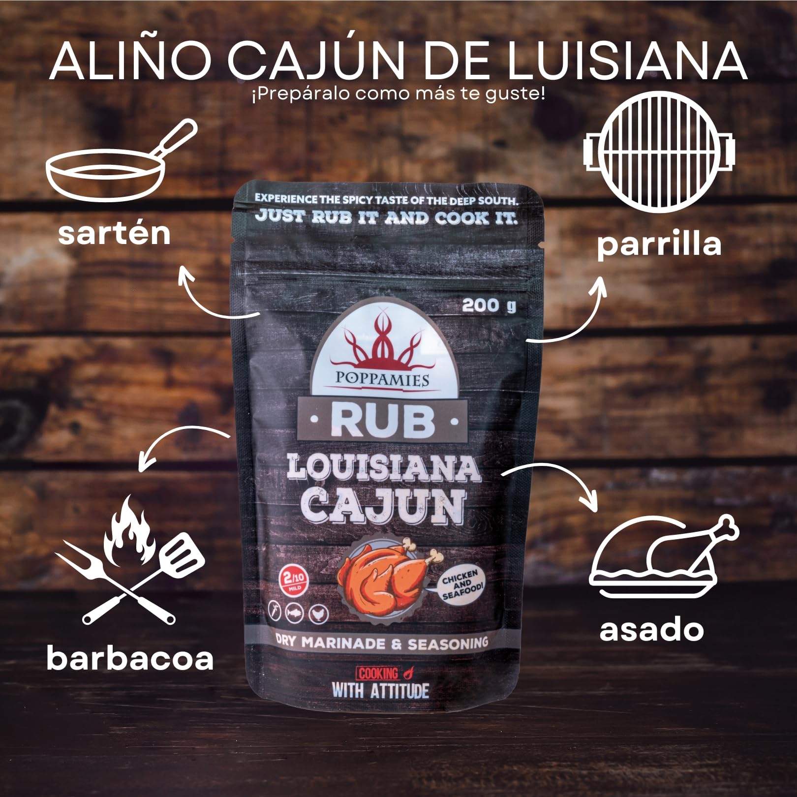 Poppamies Louisiana Sazonador Cajun - Adobo Seco y Condimento perfecto para Pescado, Verduras - Pollo, Ideal para parrilla - Paquete Grande (200 g)