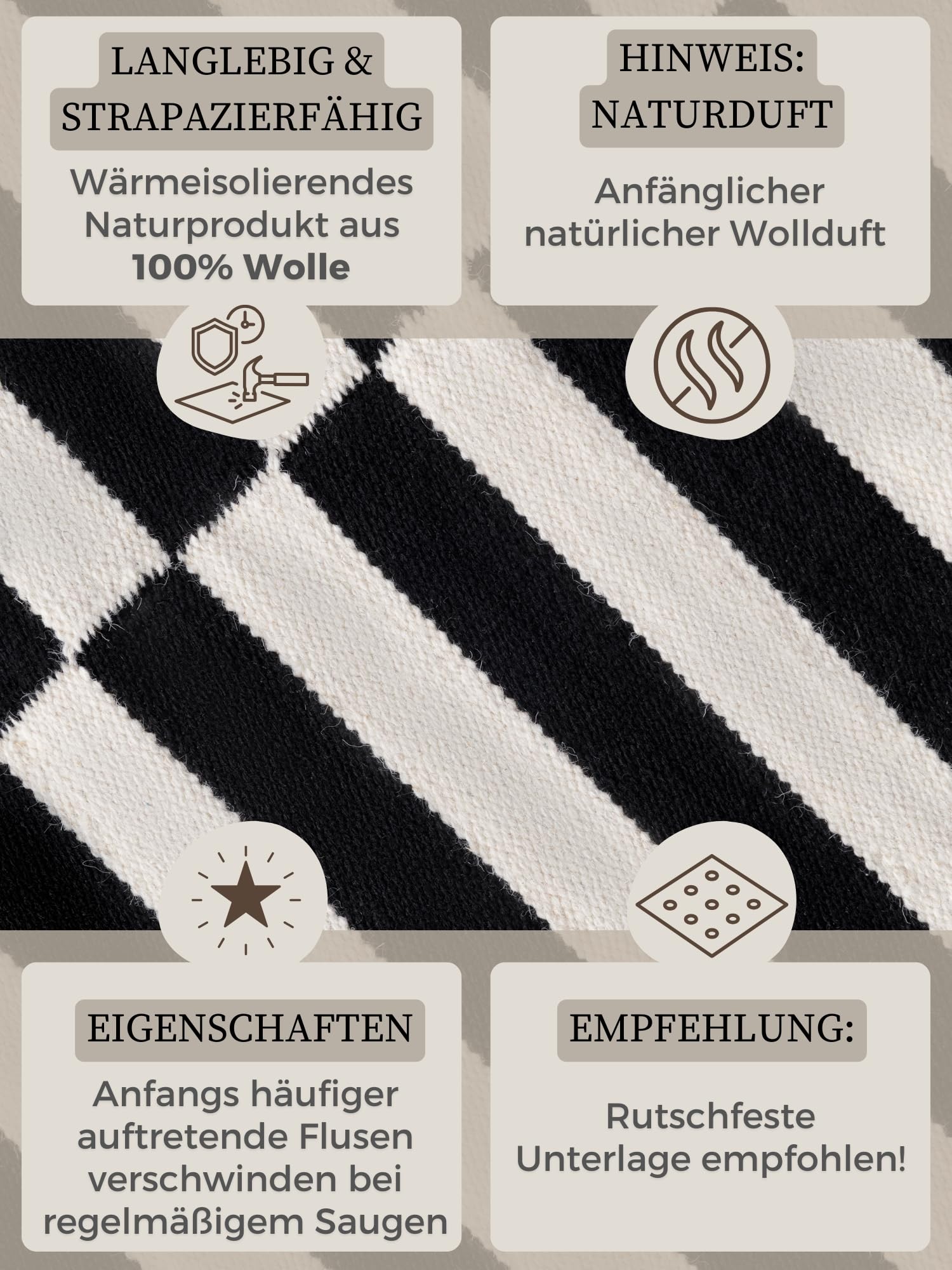 Hanse Home Wollteppich Vika - Natur Wohnzimmerteppich - Handgewebt & Natürlich - Streifen Design Wolle Modern für Wohnzimmer, Schlafzimmer, Esszimmer, Flur - Schwarz Natur Weiß, 200x300cm