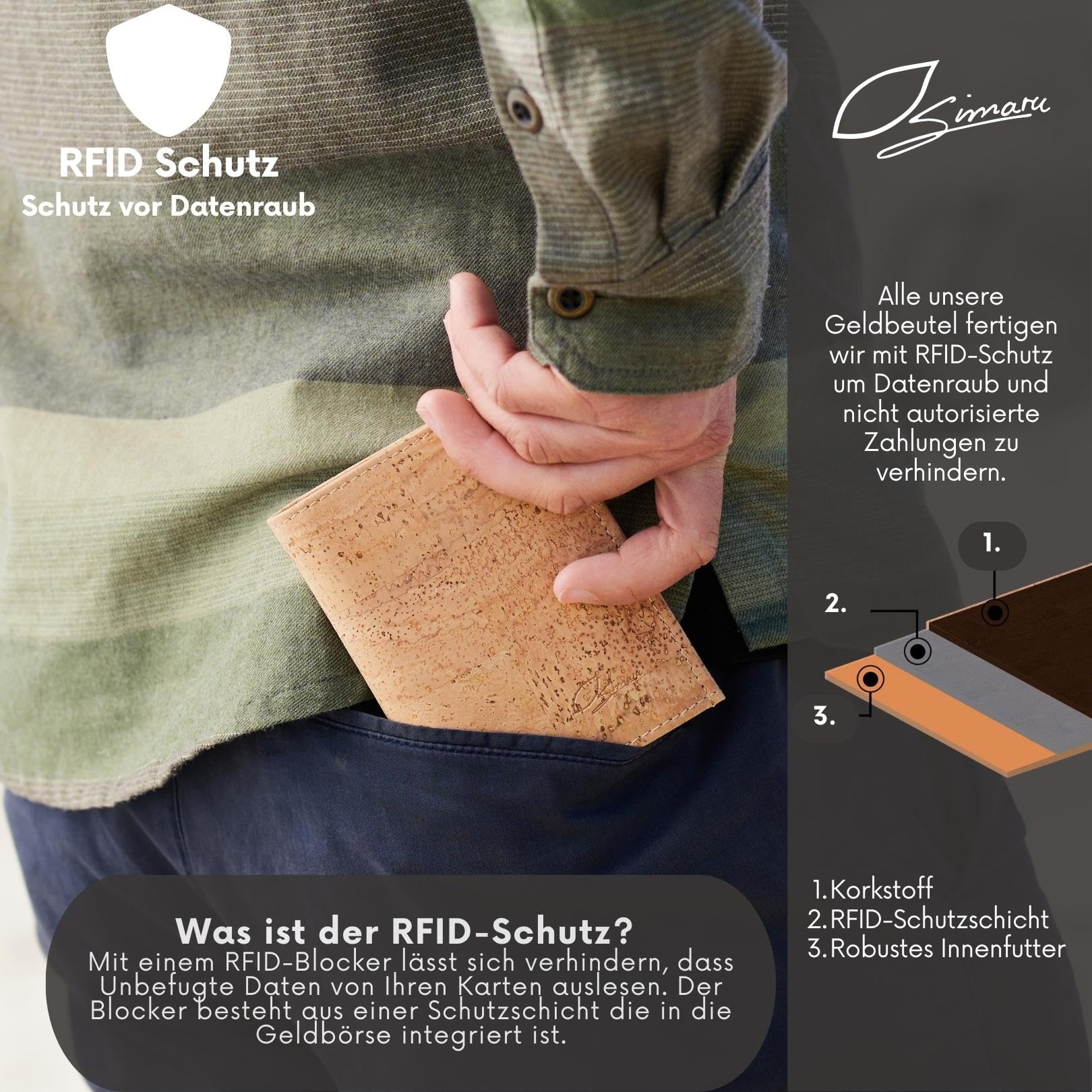 Simaru Portefeuille pour Homme en liège RFID Secure, Portefeuille de qualité supérieure, Durable, Robuste et imperméable, Carte du Monde Beige