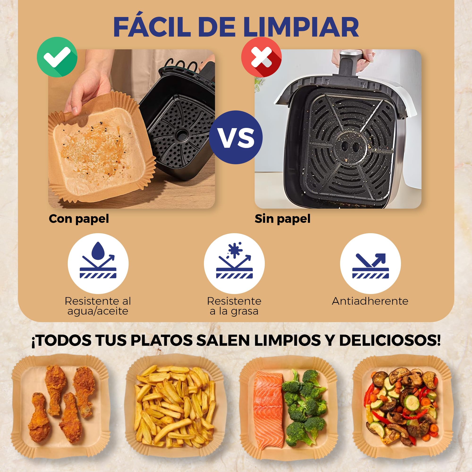 Papel para Air Fryer Desechable Antiadherente Premium 125 Unidades, Papel para Freidora de Aire 20x24 cm, Resistente al Calor, Sin BPA, Compatible con Cosori, Cecotec, Ninja y Philips – Holviva — view 3