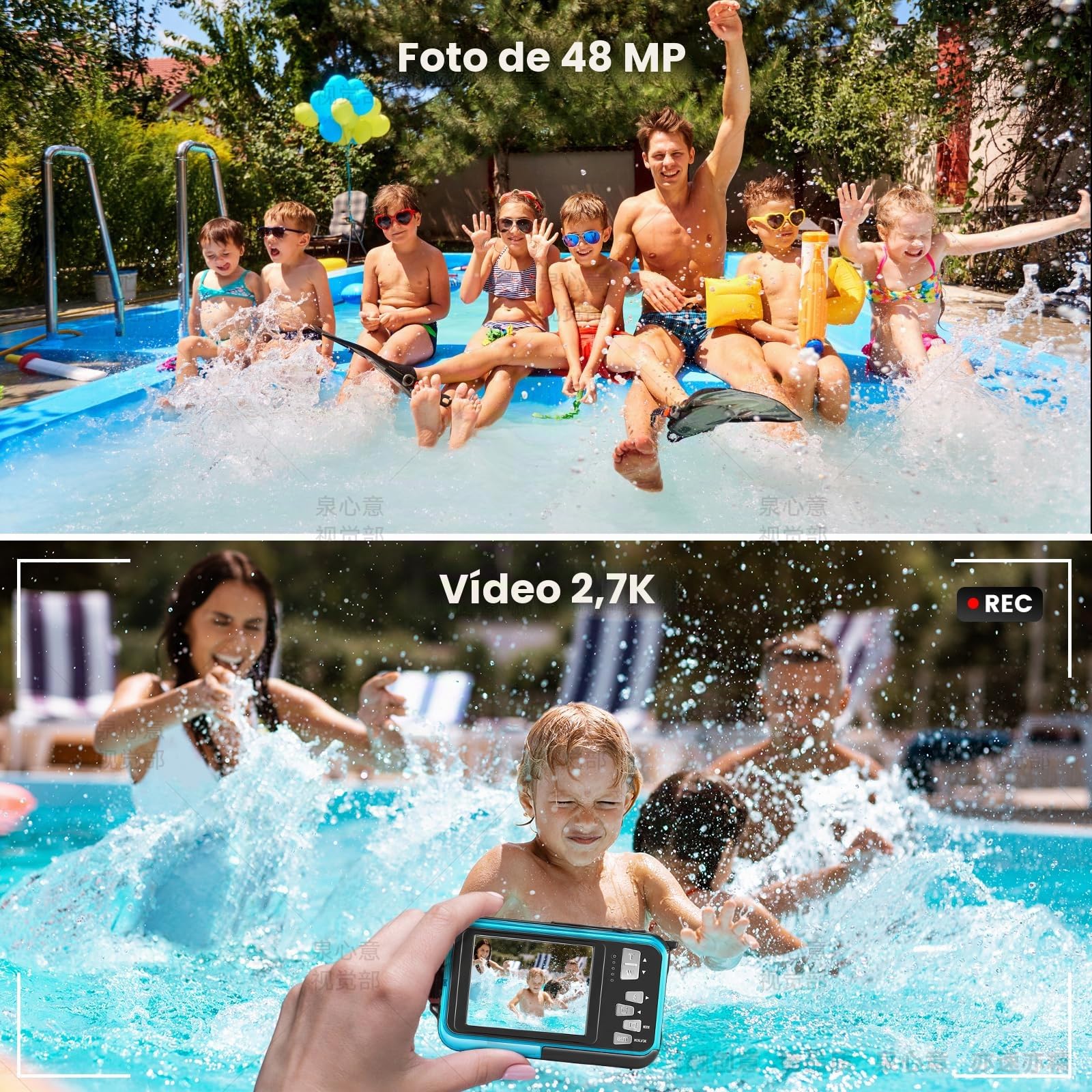 Cámara Digital Impermeable, Cámara Submarina HD 2.7K 48MP con Doble Pantalla para Buceo 3M para Nadar, Zoom Digital 16X Anti-Vibración, Azul