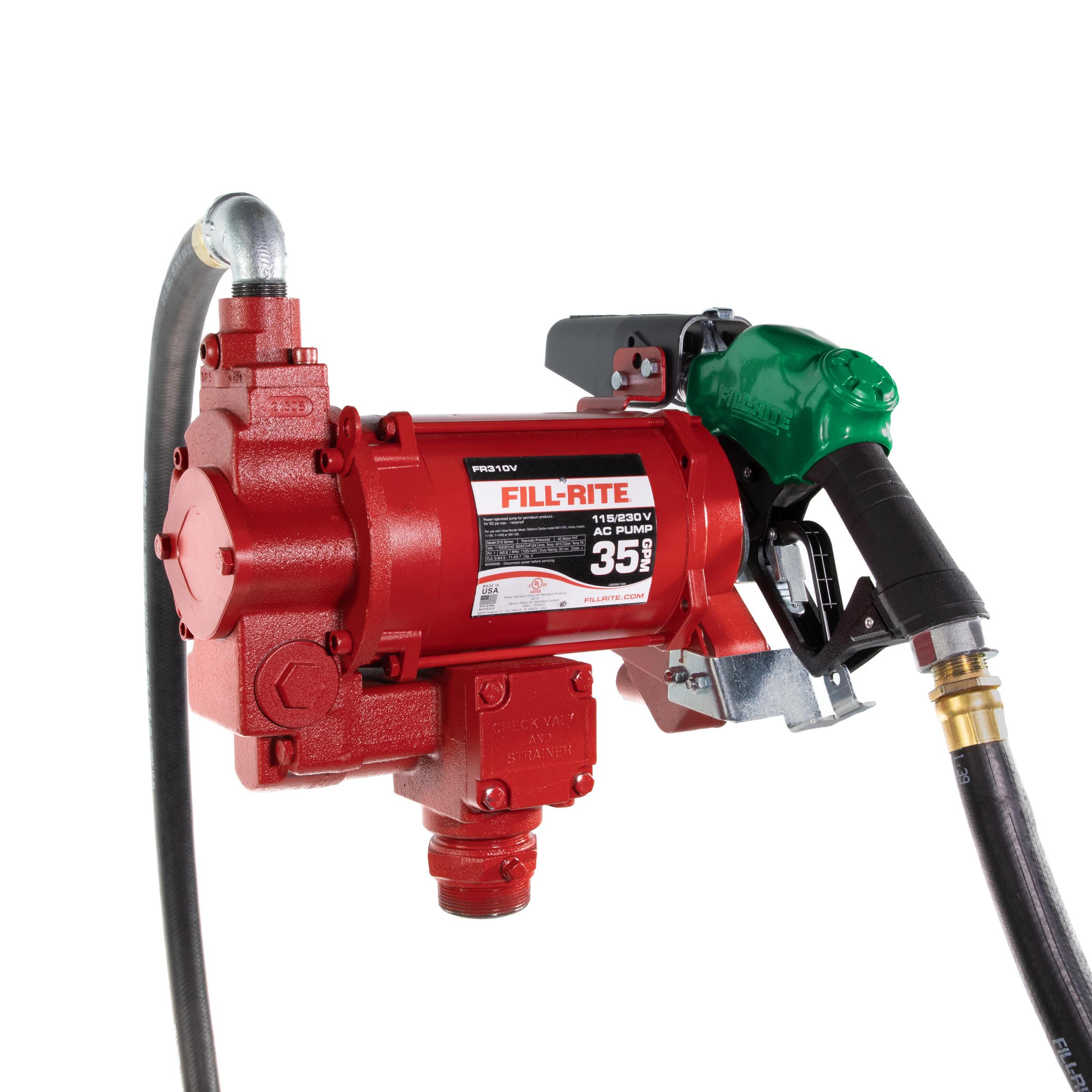 fill-rite fr310vb 115v/230v 35 gpm fuel transfer pump w/discharge hose & automatic nozzle ( has a small scrape)