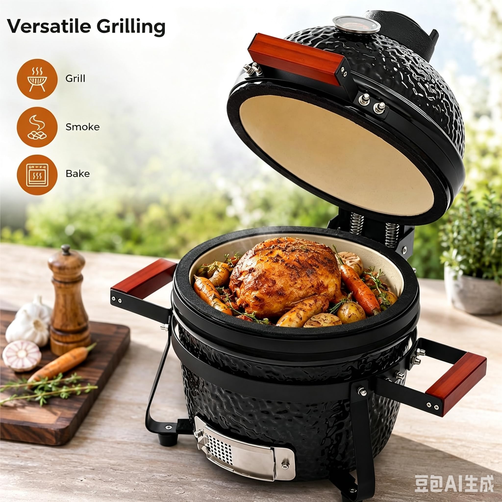 Barbacoa de carbón vegetal de 13 pulgadas Kamado Grill de cerámica para terraza, jardín, camping y picnic, color negro, para asar, ahumar y cocinar