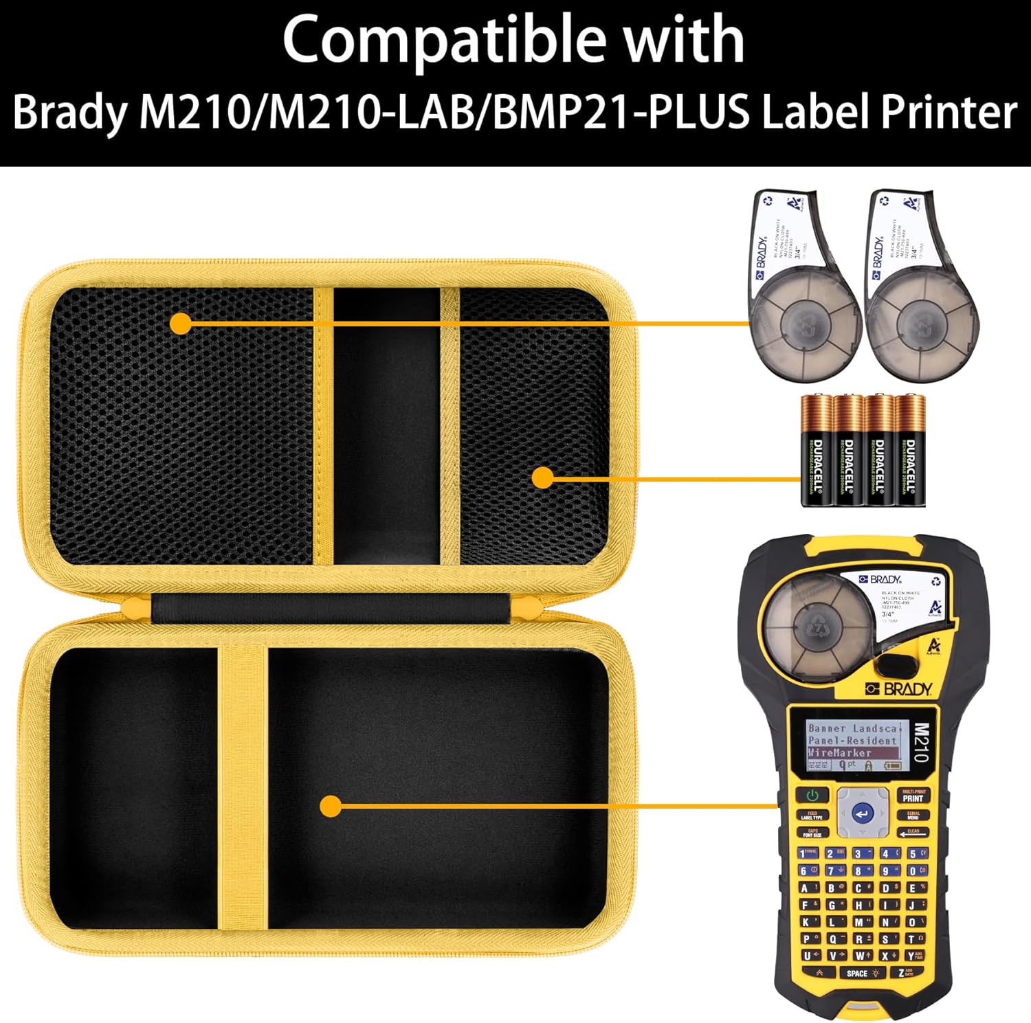 Label Printer Case Compatible with Brady M210/M210-LAB/BMP21-PLUS Portable Label Printer(Black Case,Yellow Zipper)