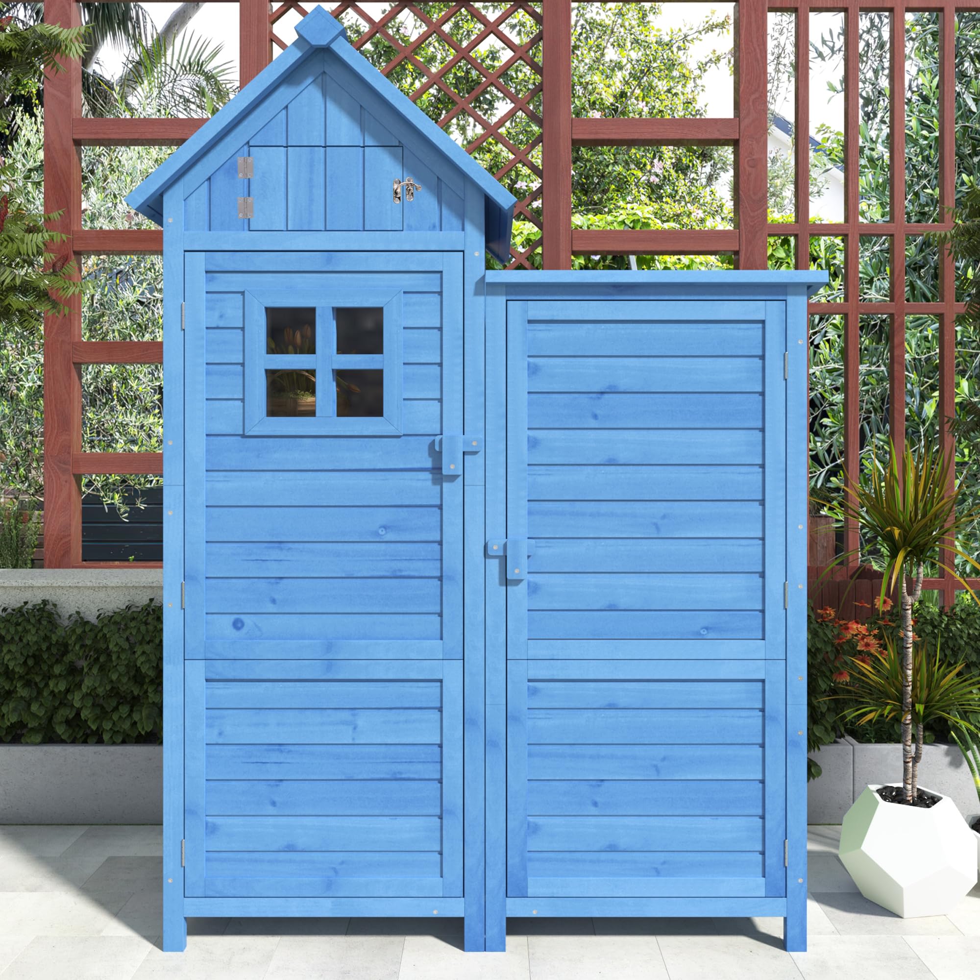 Gabinetto da giardino per elettrodomestici, 118 x 54 cm, 118 x 54 x 173 cm (larghezza x profondità x altezza), resistente alle intemperie, legno, blu, tetto in PVC (set, 1 unità, 1 x armadio per)