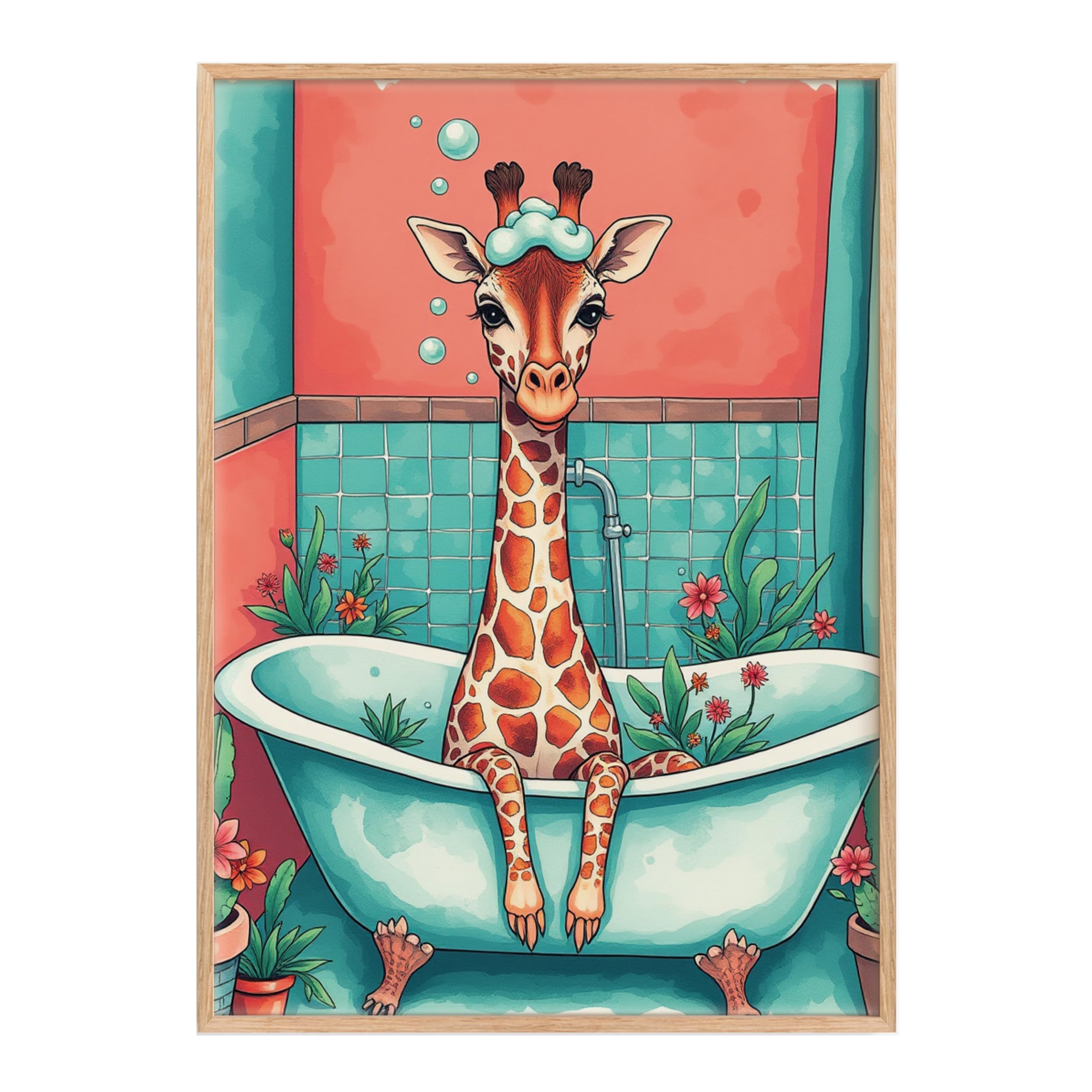Funny Bathroom Wall Art Poster of a Giraffe in a bath tub surrounded by colourful florals turquoise and coral aesthetic (Turquoise Giraffe, A3-297x420mm, Oak MDF Frame)