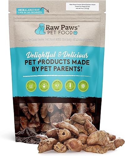 Raw Paws Corazones de pollo liofilizados para perros, 4 onzas, integrales, fabricados en Estados Unidos, corazones liofilizados para perros,