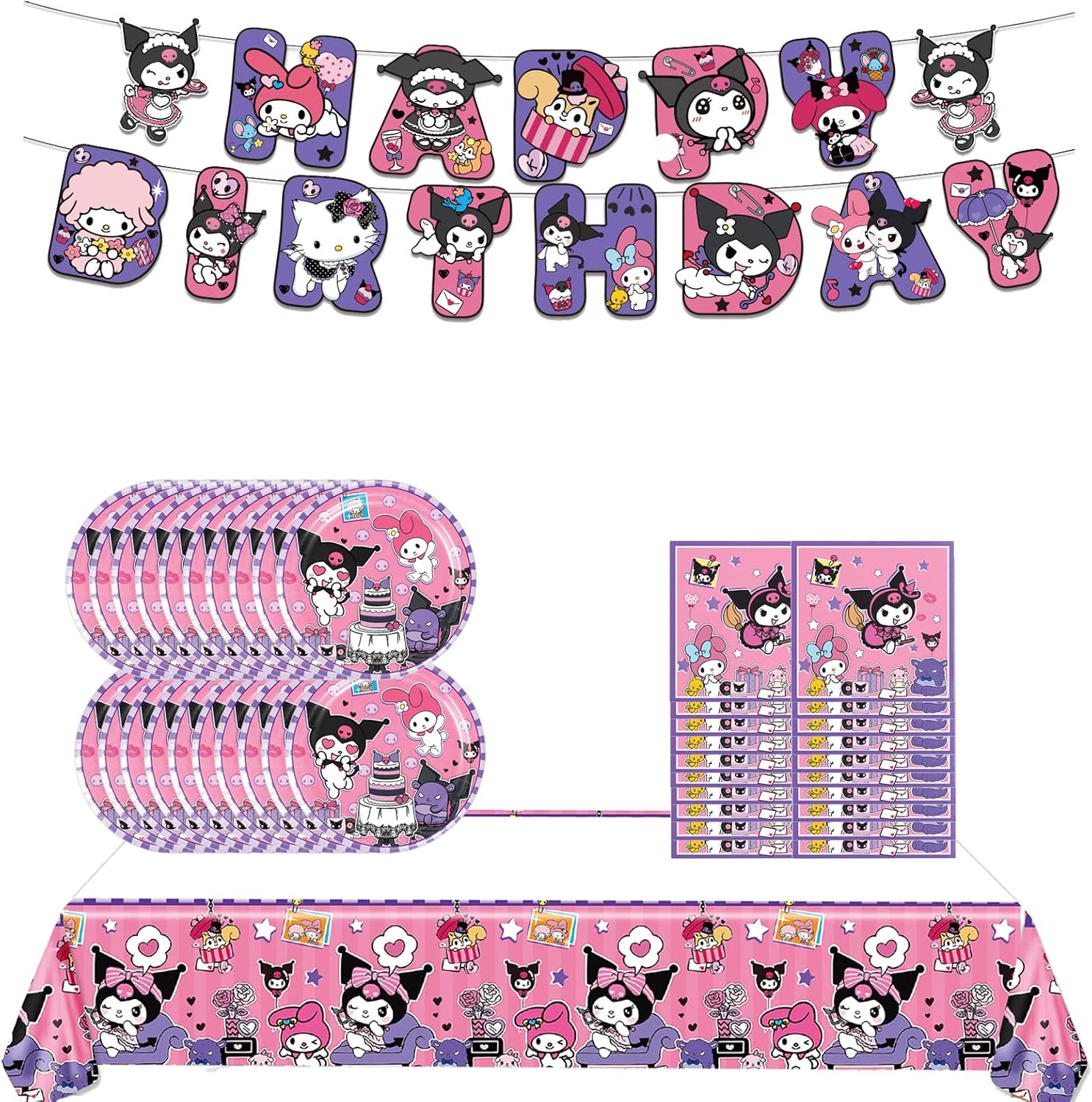 Kuromi Birthday Supplies-41pcs Kawaii Party Tableware - Include Banner, Plates, Napkins, Tablecloth for Boys/Girls Birthday Party Decorations