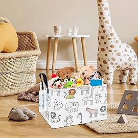 LANGYASHAN Rectangular Storage Bin Collapse Canvas Fabric Cartoon Storage Basket with Handles for Organizing Home Kitchen Boys and Girls Toys Office Closet Shelf Baskets (Rec Simplified Zoo)