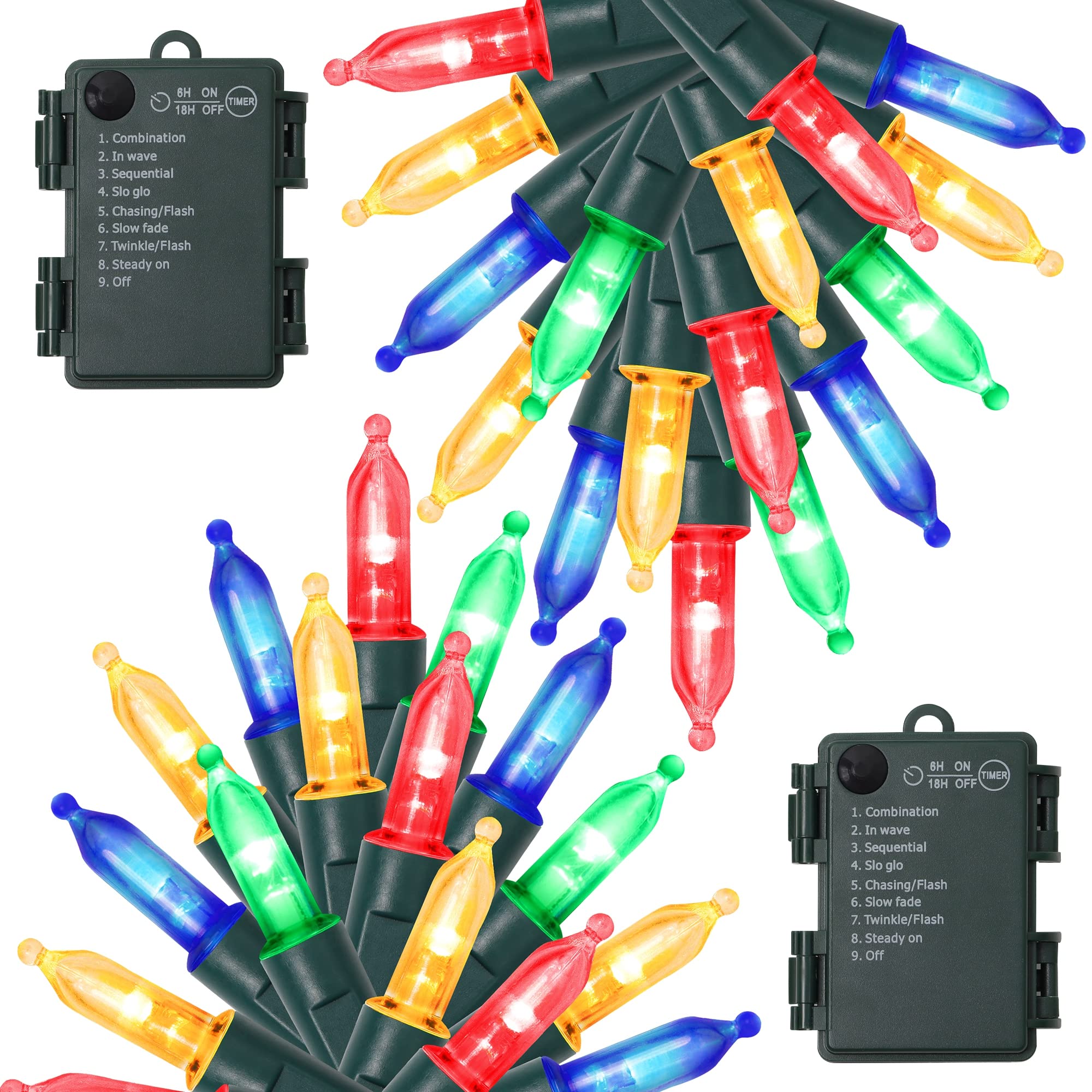 WATERGLIDE 2 Pack 50 LED Outdoor Christmas Lights, 16FT Battery Operated Mini String Lights with 8 Modes & Timer, Xmas Tree Lights Waterproof for Patio Garden Party Wedding Holiday Decor, Multicolor