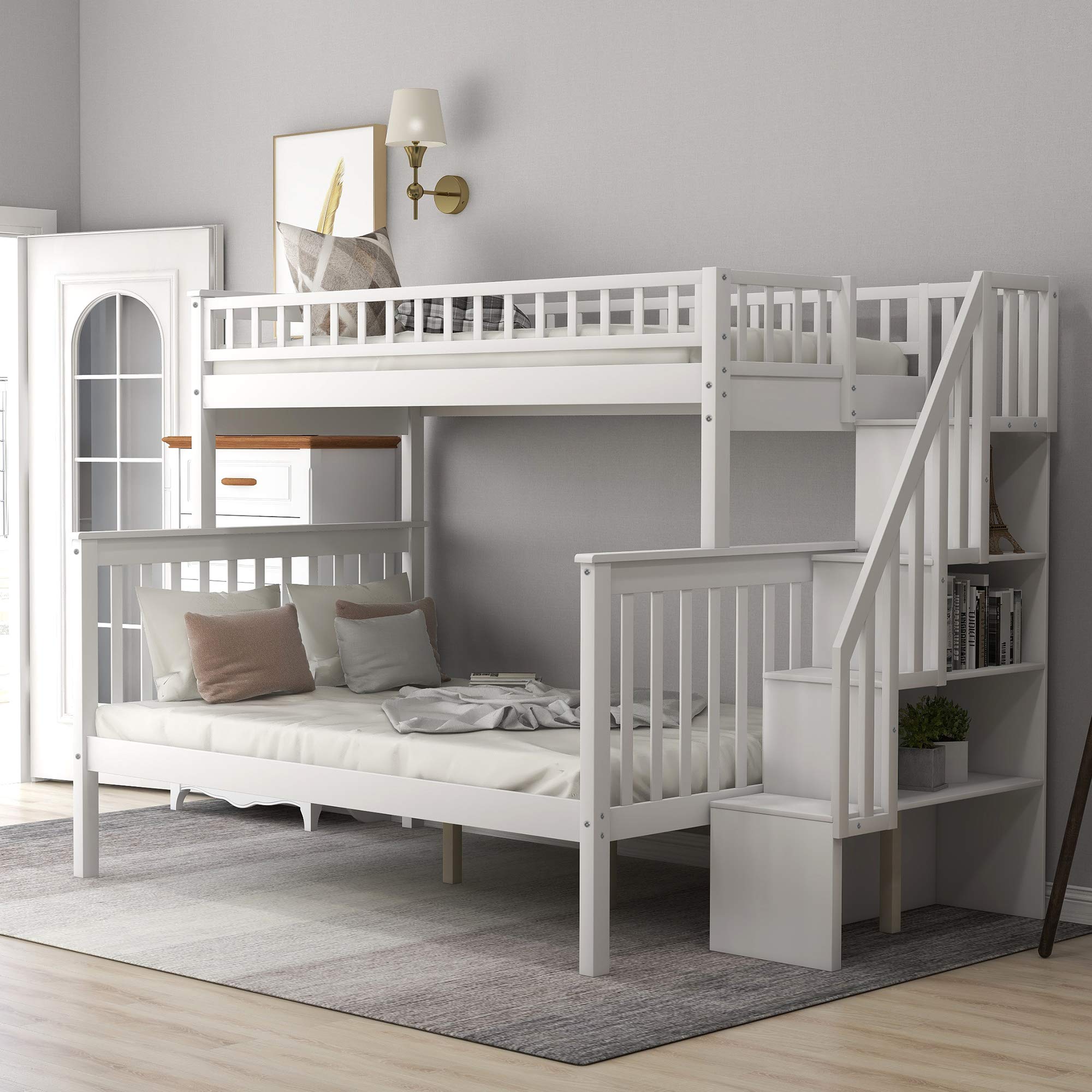 Buy Twin Over Full Bunk Bed with Stairs, DERCASS Wood Bunk Bed Frame