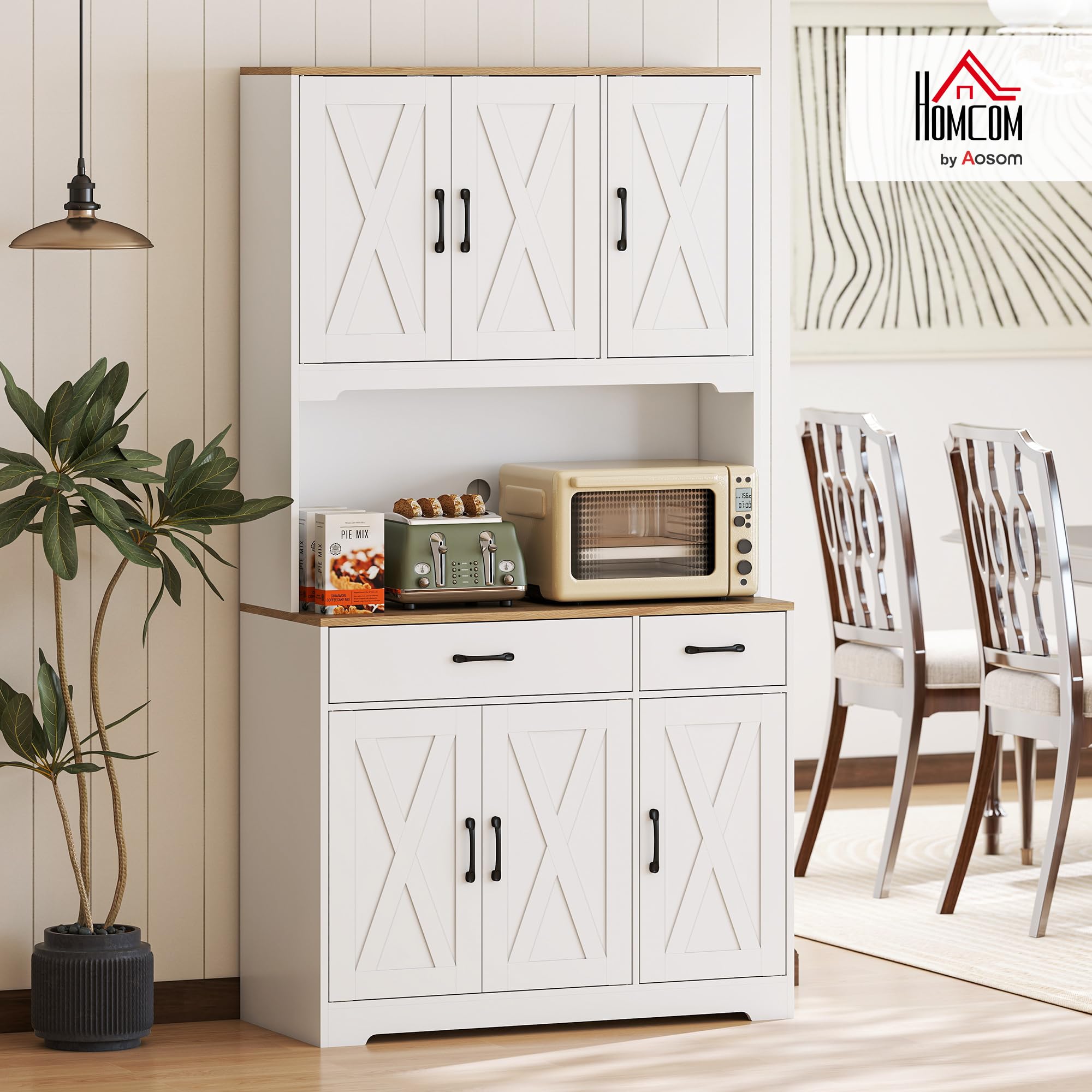 HOMCOM Alacena de Cocina Alta, Mueble Auxiliar de Cocina, con 6 Puertas, Encimera Abierta para Microondas, 2 Cajones, Estantes Ajustables, Orificio para Cable, 94x39,5x175,2 cm, Blanco