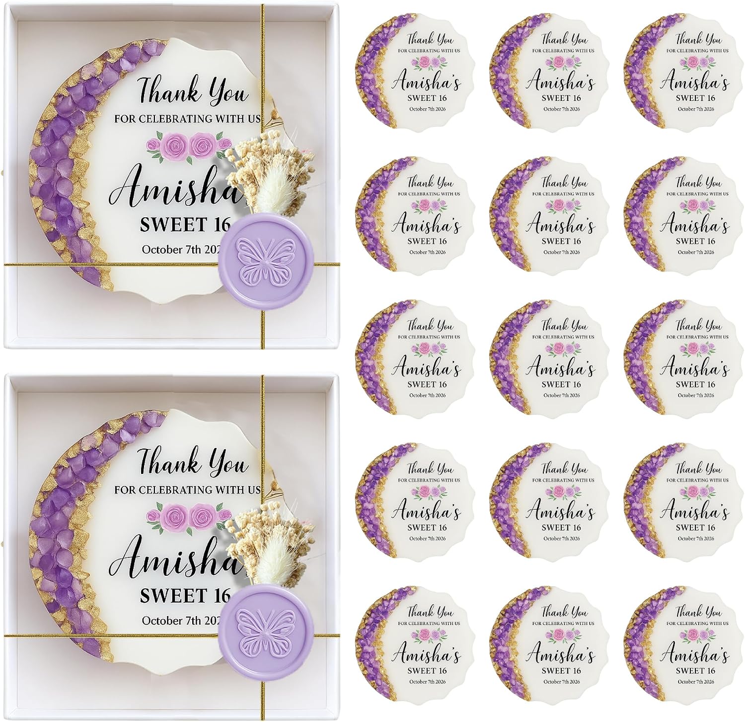 Personalized Quinceañera Butterfly Party Favors, Custom Sweet 15 and Sweet 16 Epoxy Magnet Keepsakes, Quinceañera Gifts (50 pcs Boxed)