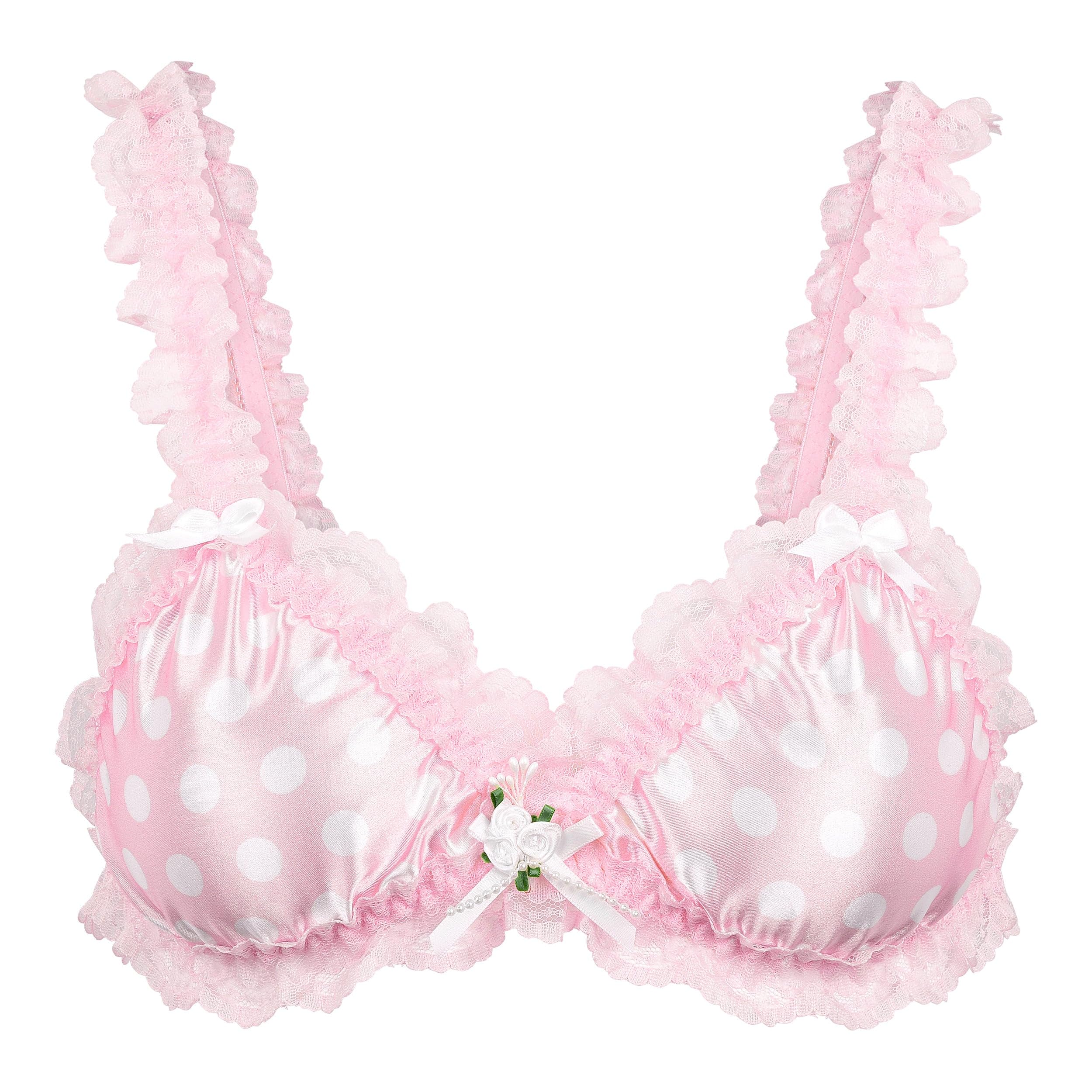 Satini Women's Baby Pink - Polka Dots Sissy Frilly Lace Fitted Satin Bralette (, Xl)