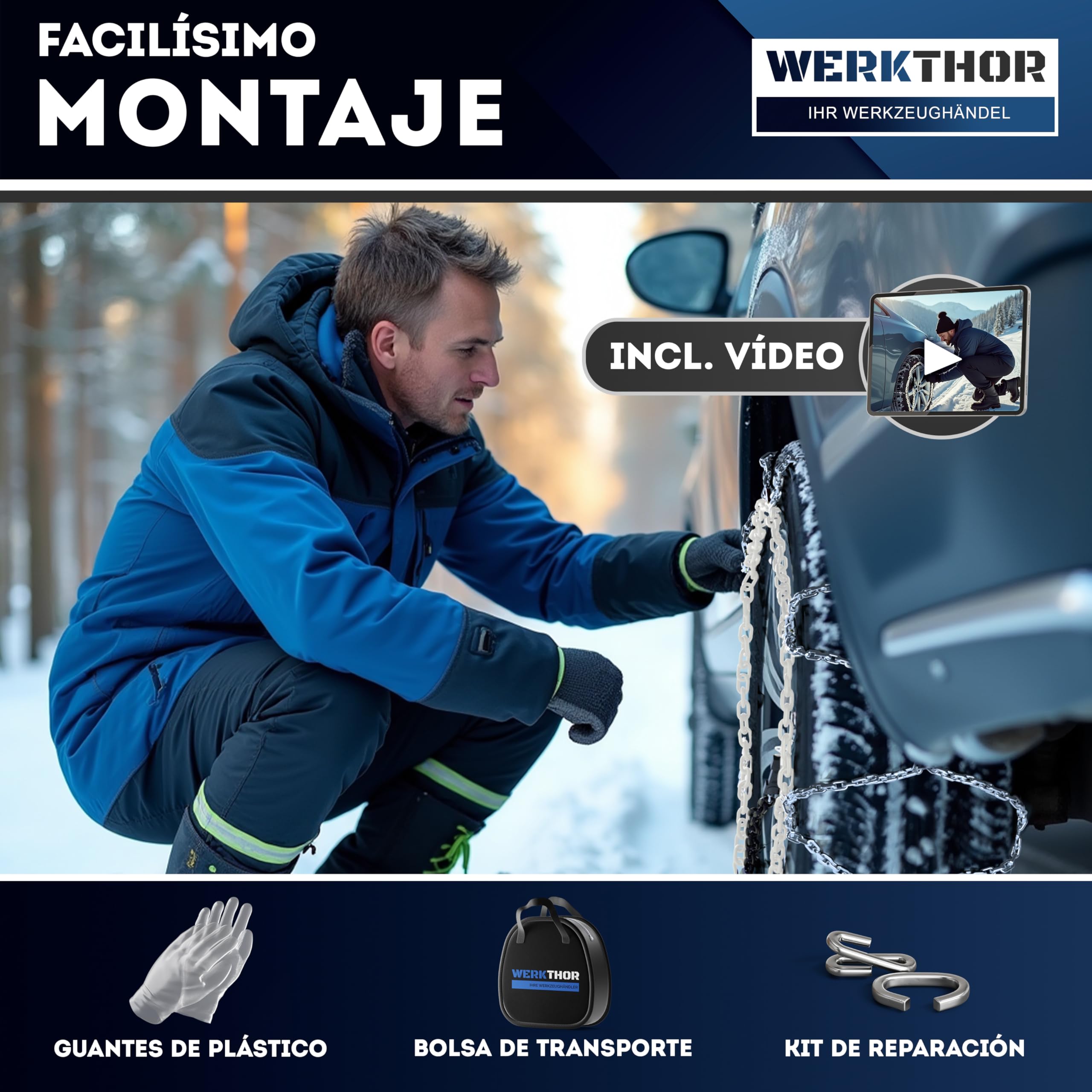 WERKTHOR 2x Cadenas de Nieve para Coche - Cadenas para Autos Certificadas - Máximo Agarre y Montaje Fácil - Cadenas Metálicas para Nieve - Para Diversas Medidas de Ruedas