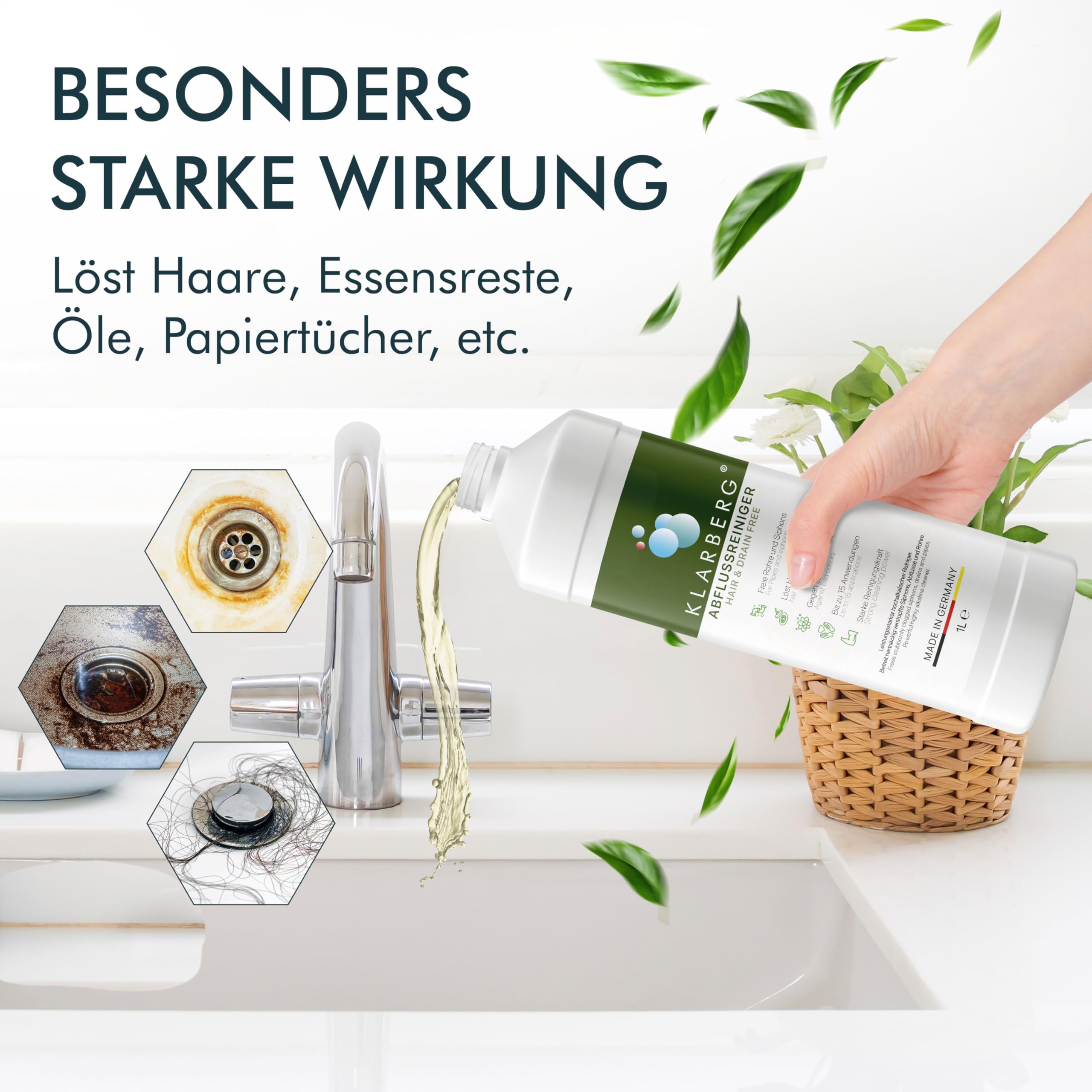 KLARBERG Środek do czyszczenia rur bez odpływu – bardzo silny przeciwko włosom – środek do czyszczenia odpływów do łazienki, prysznica i kuchni – urządzenie do czyszczenia odpływów bez rur przez noc