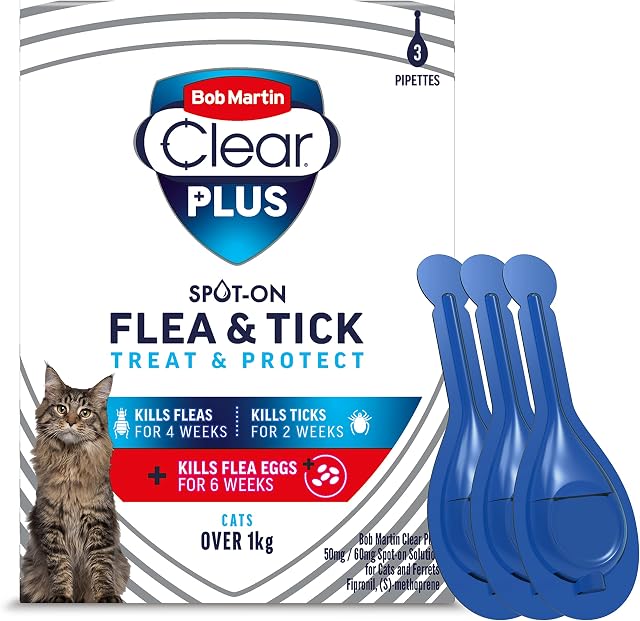 Bob Martin Clear Plus | Spot On Flea Treatment for Cats & Ferrets | Instantly Kills Fleas, Ticks, Lice & Flea Eggs (3 Pipettes)