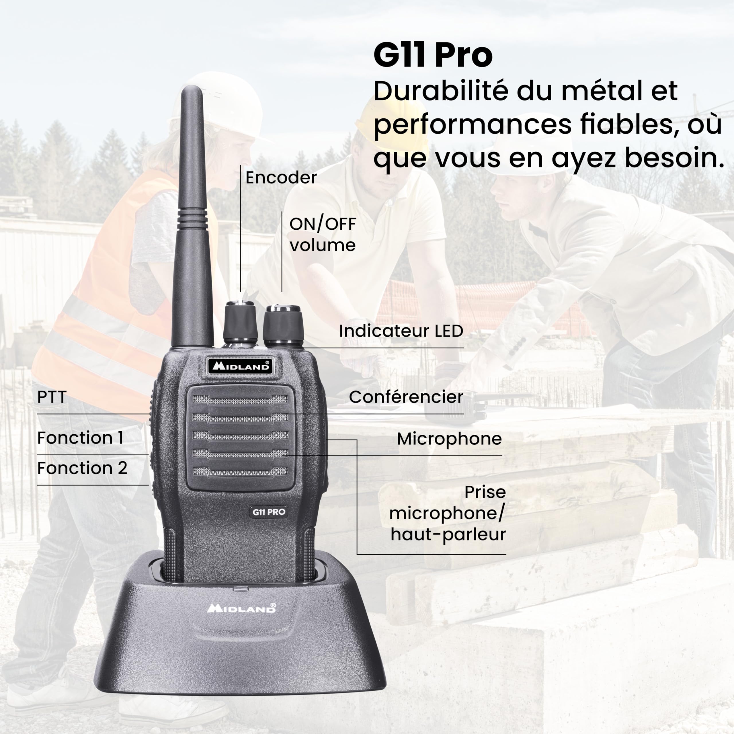 Midland - Talkie Walkie Longue Portée 12Km Professionnel G11 Pro, Radio Récepteur Émetteur avec 32 Canaux PMR446, Batterie Li-Ion 1600mAh Rechargeable et Accessoires, Autonomie 22H, VOX, 2 Pin Kenwood