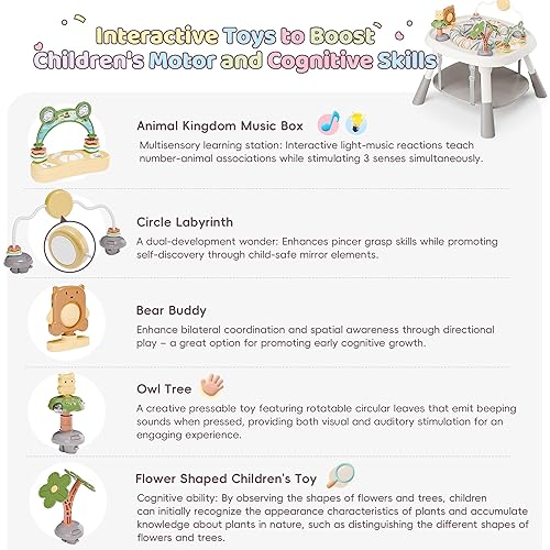 Miniatura 8 de Centro de actividades para bebés, centro de actividades para bebés con música, luces, 5 juguetes para bebés, puentes y gorilas, asiento giratorio de