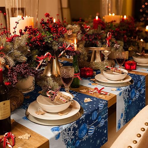 Miniatura 4 de Camino de mesa de lino y algodón de Feliz Navidad, bola de Navidad azul, árbol de Navidad, copos de nieve, caminos de mesa de Navidad para mesa de