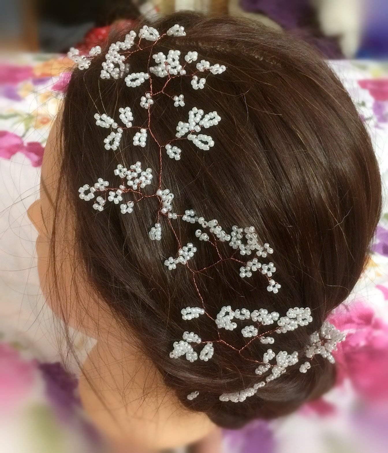 Bridal Hair Vine-Tiara-Flower Crown Gypsophila/Babies Breath,for brunettes, Bride, Bridesmaids, Flower girl, Prom, Bohemian, Gatsby, brown wire 10 to 30 inches