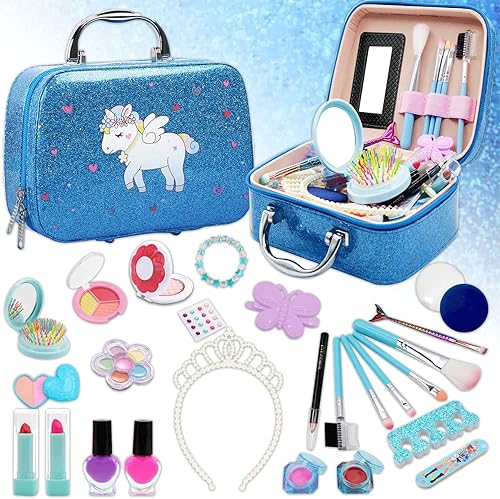 Kit de maquillaje para niños 27 piezas de juguete con bolsa de cosméticos de unicornio azul maquillaje de simulación para princesas kit de