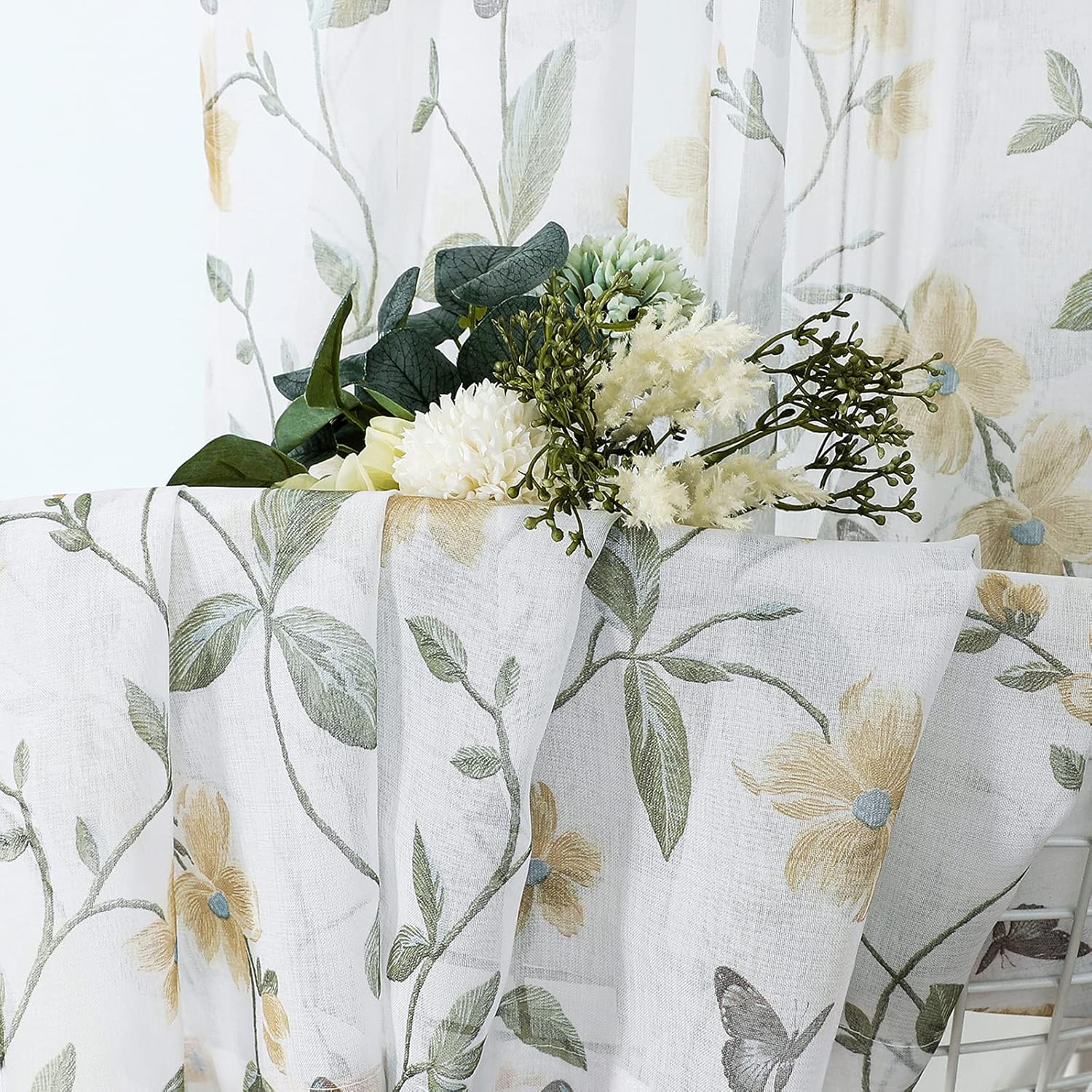 Tollpiz Sheer Floral Curtains Yellow Flower Butterfly Printed Living Room Curtain Rod Pocket Voile Faux Linen Window Curtains for Bedroom, 54 x 72 inches Long, Set of 2 Panels