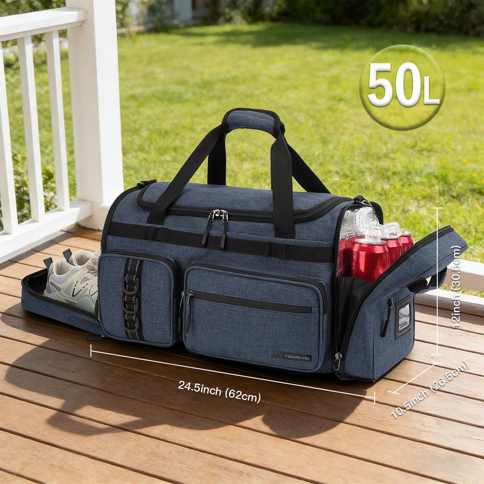 3 in 1 Reisetasche Herren 50L Große Sporttasche mit Schuhfach Nassfach Isoliertem Fach als Rucksack tragbar Weekender Duffel Bag für Reisen Fitness Schwimmen Sauna, Blau