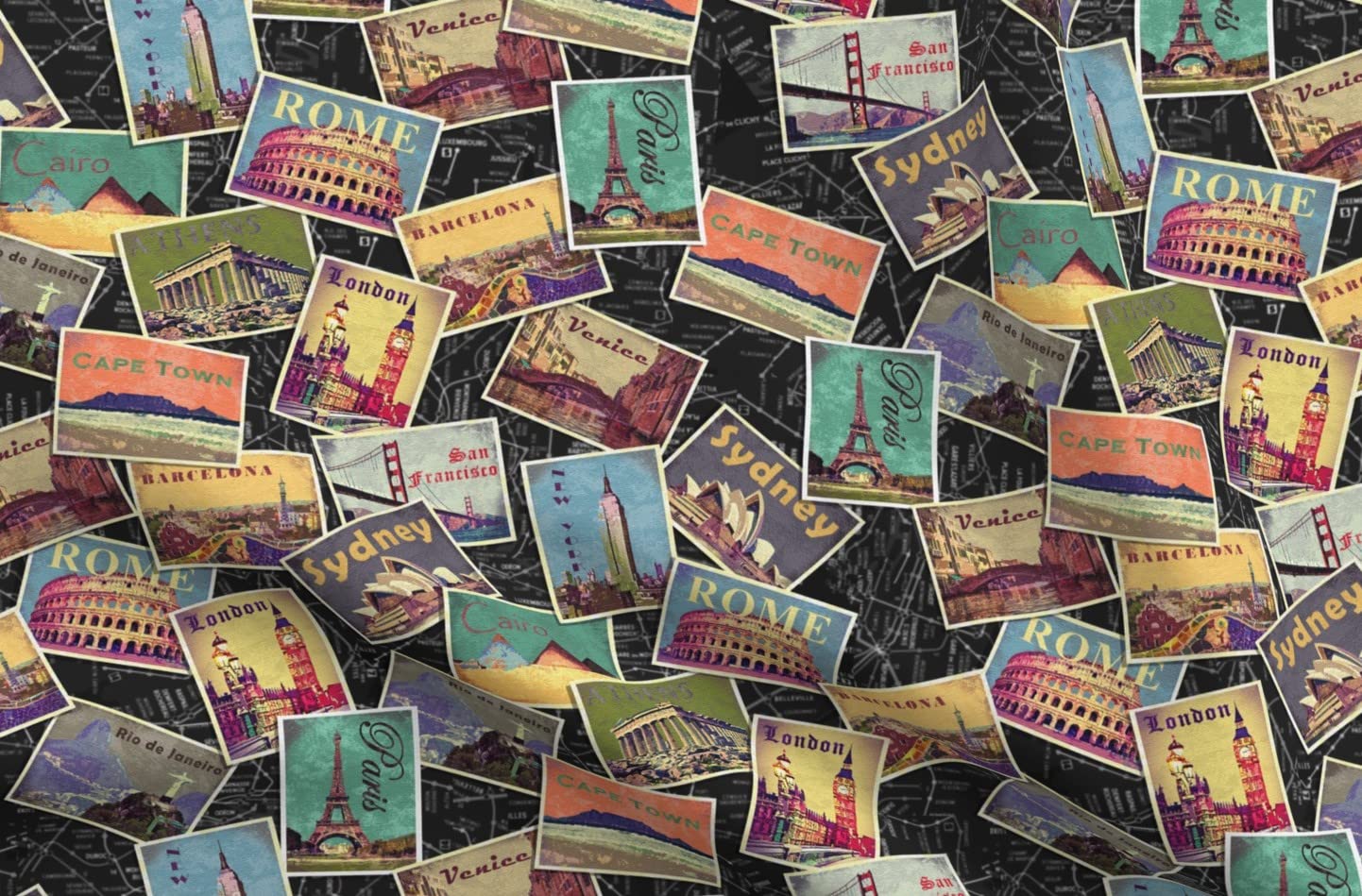 Spoonflower Fabric - World Retro Postcard Travel Vintage Trip Printed on Petal Signature Cotton Fabric Fat Quarter - Sewing Quilting Apparel Crafts