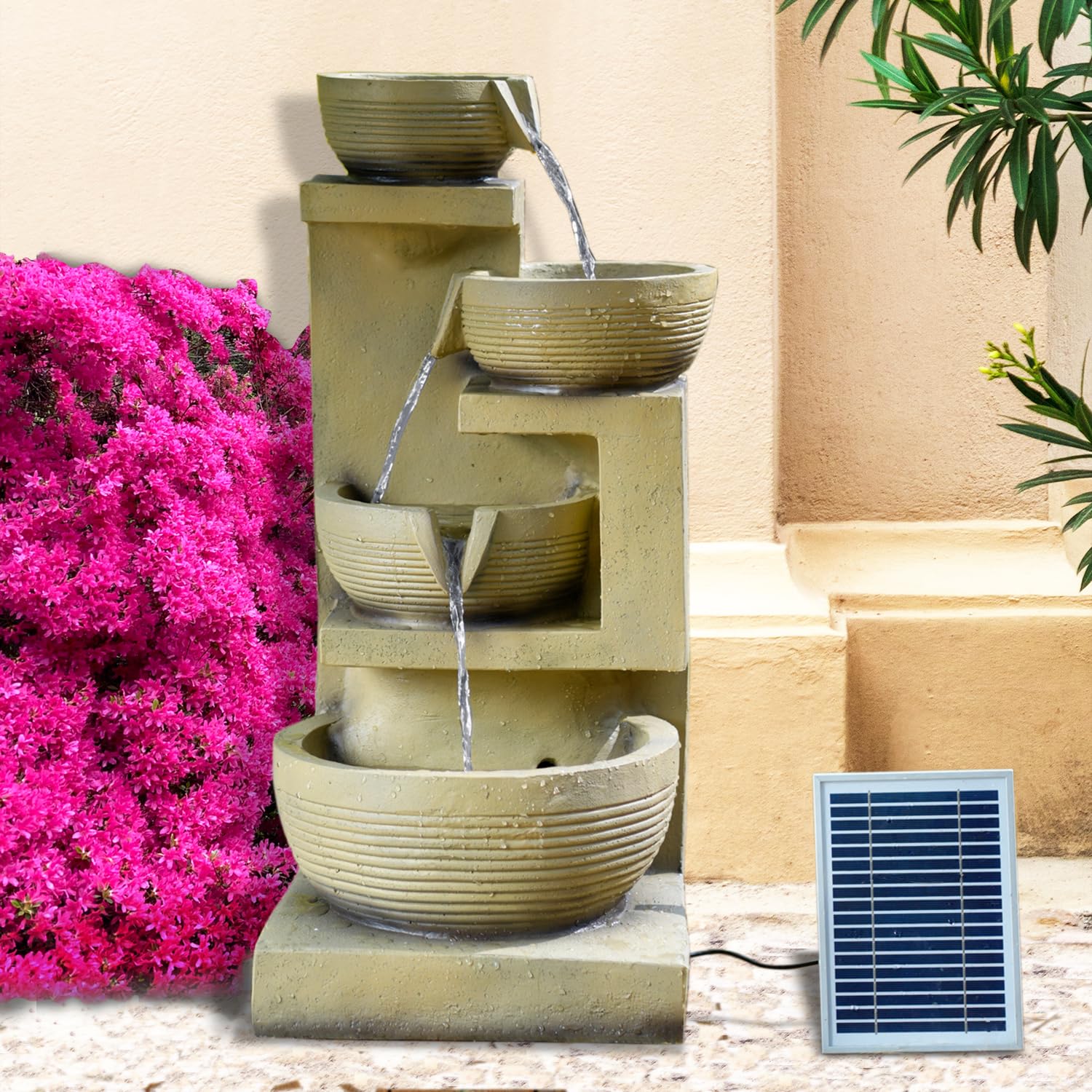 Solar Outdoor Garden Fountain with Li-ion Battery and LED Light, Self-contained Waterfall Water Feature for Your Garden