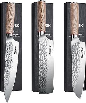 Huusk Japan Knife Set - 8-inch Chef Knife and 7-Inch Santoku Knife - Professional Hand Forged High Carbon Steel Kitchen Knives with Wood Handles - Perfect for Meat, Vegetables, Sushi, with Gift Box