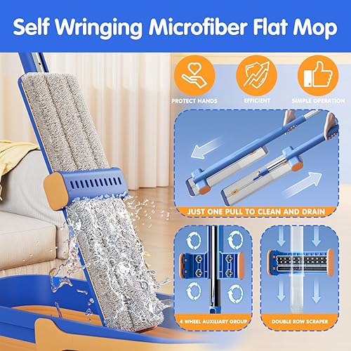 Miniatura 2 de Trapeador plano de microfibra de 16.5 pulgadas, trapeador plano para limpiar suelos y húmedos, con mango largo de 55 pulgadas para limpiador de