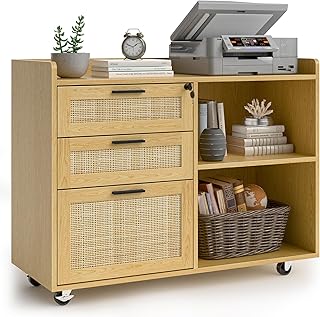 Rattan File Cabinets, 3 Drawer Lateral Filing Organization Storage Cabinets with Lock, Rolling Printer Stand Home Office Organizer for Hanging Files Letter/Legal/A4 Size, Oak
