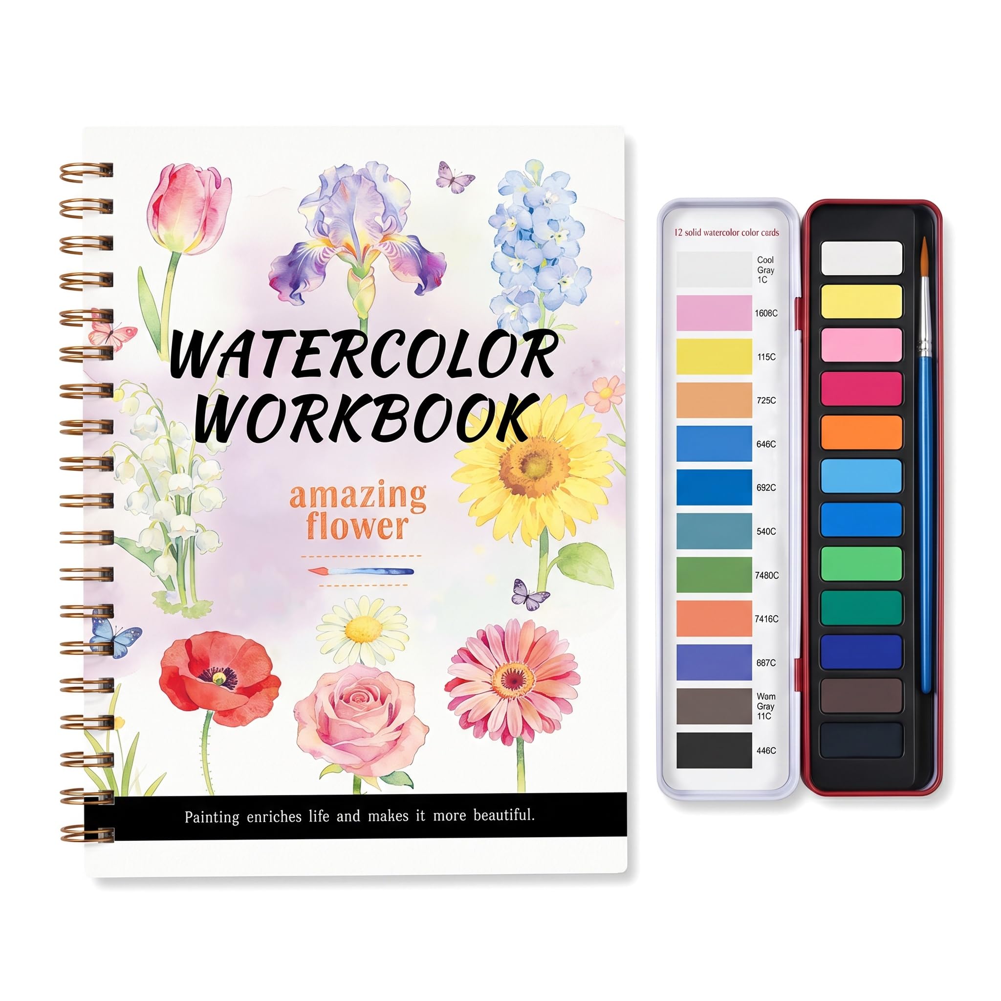 Large Watercolour Art Set for Beginners, 10.24"x7.36" Oversized Workbook with 12 Paints, 14 Pre-Sketched Designs & Step-by-Step Guide for Adults (Flower) โ image 1