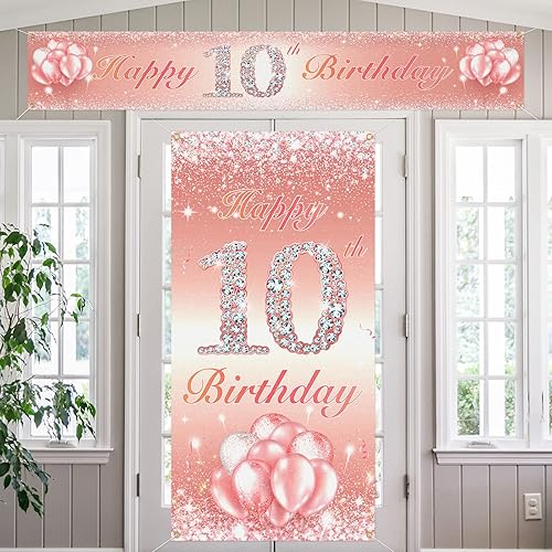 Miniatura 1 de Juego de carteles largos de feliz cumpleaños 10 para puerta, porche, decoración de cumpleaños de 10 años para niñas, suministros de fiesta para