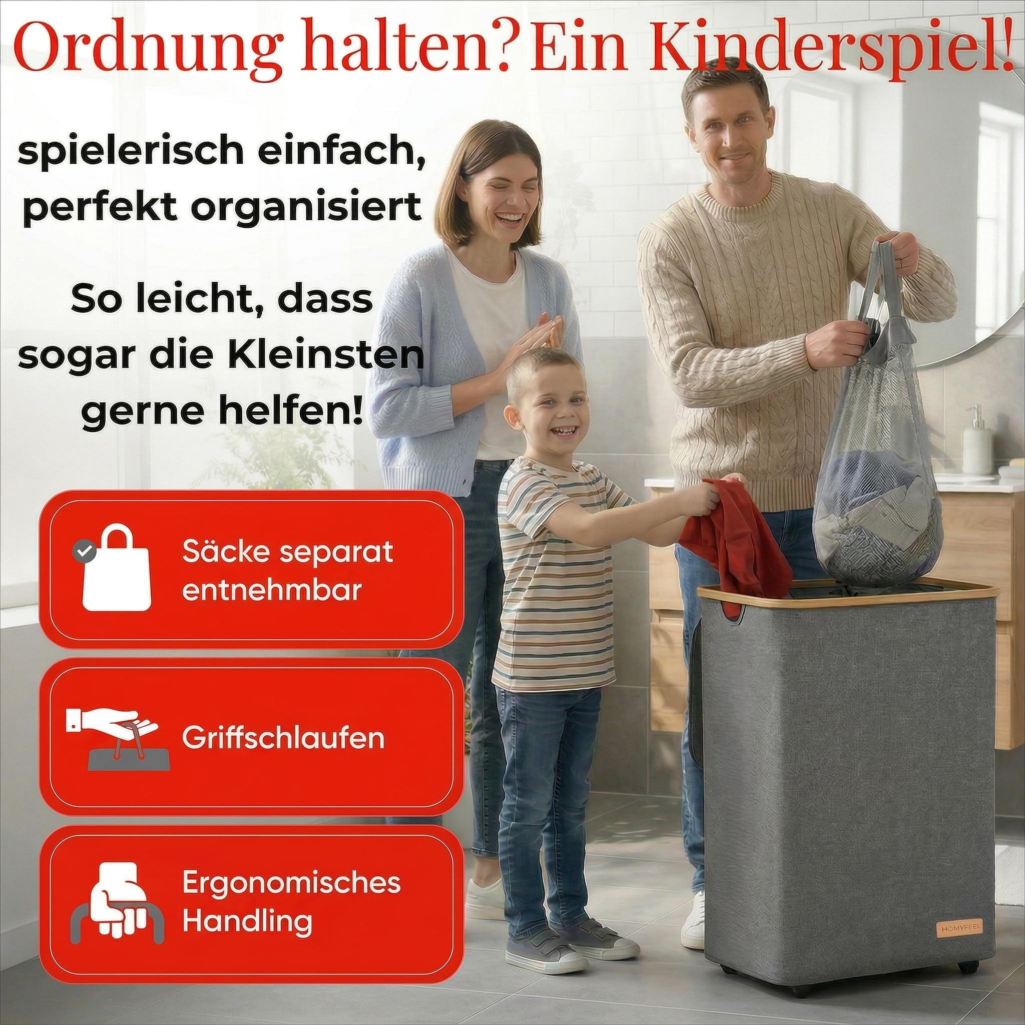 HomyFeel - wäschekorb 3 fächer rollbar, 160L, Wäschesammler mit Deckel, herausnehmbare wäschesack, Wäschekorb faltbar, Oxford Gewebe, Wäschebox auf Rollen, Griffe aus Bambus, 57x37,5x79cm, Grau - 4