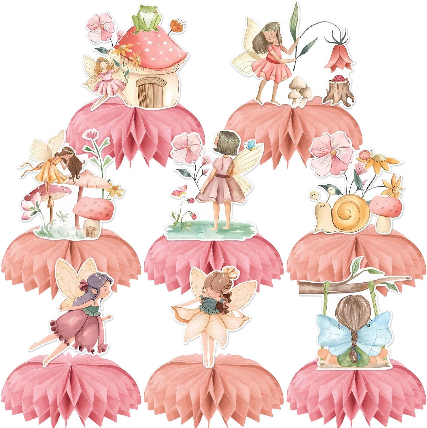 8 PCS Fairy Theme Honeycomb Centerpieces Pink Floral Fairy Girls Birthday Party Decoration My Fairy First Baby Shower Happy Birthday Party Supplies