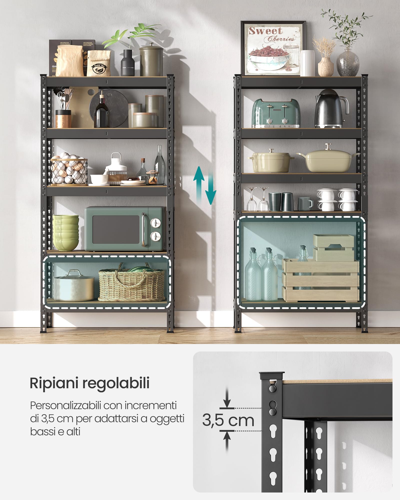 SONGMICS Scaffalatura a 5 Ripiani, Scaffale Portaoggetti, Montaggio Senza Bulloni, Ripiani Regolabili, 30 x 75 x 150 cm, Portante 875 kg, per Garage Magazzino Cantina, Nero GLR300B01