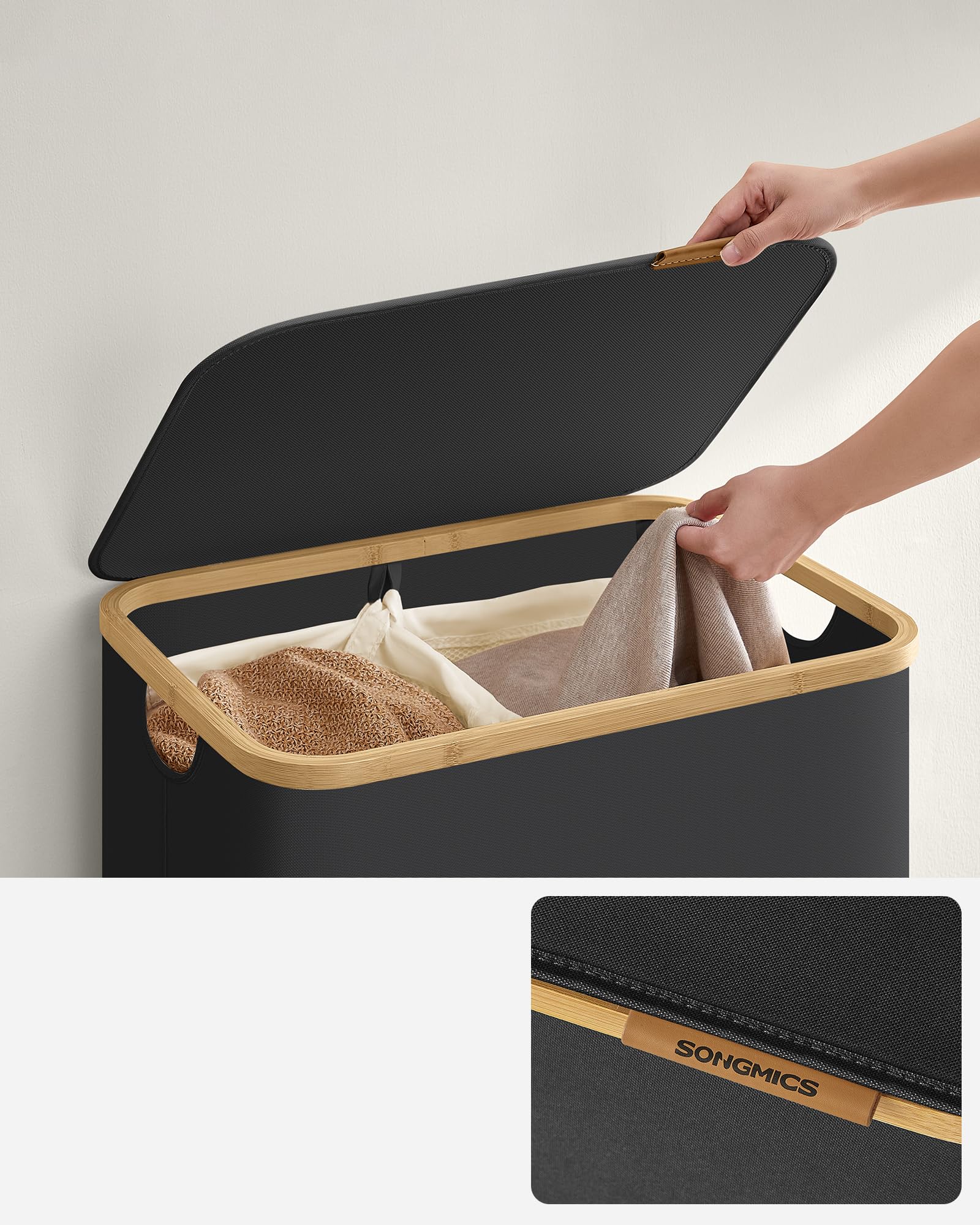 SONGMICS Panier à linge en bambou avec couvercle et poignées, sac à linge amovible et lavable en machine, 100 l, pour buanderie, chambre à coucher, salon, couleur naturelle LCB063N01 SONGMICS Panier à linge en bambou avec couvercle et poignées, sac à linge amovible et lavable en machine, 100 l, pour buanderie, chambre à coucher, salon, couleur naturelle LCB063N01