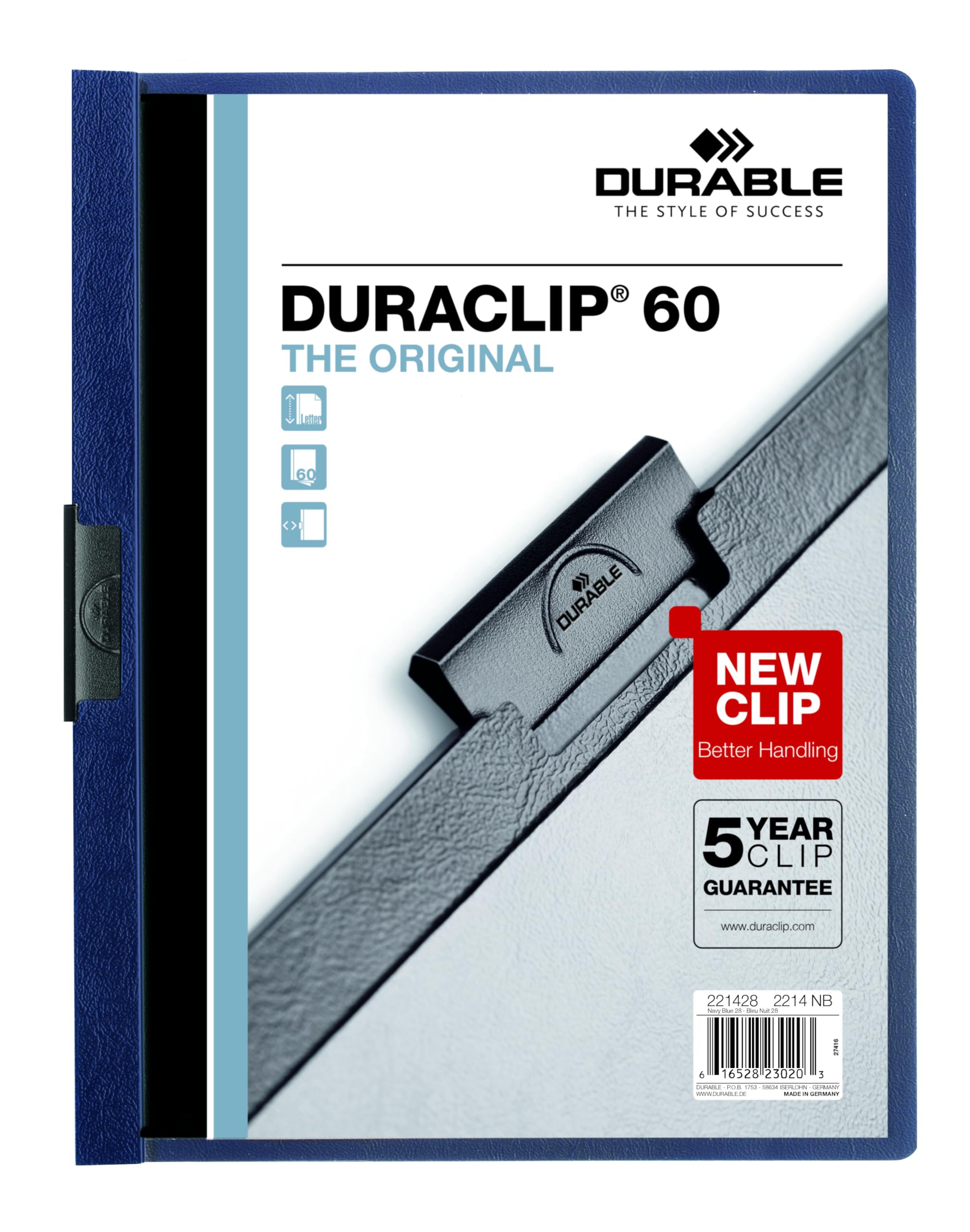 DURABLE Vinyl DURACLIP Report Cover, Letter, Holds up to 60 Pages, Clear/Navy Blue, 25 per Box (221428)