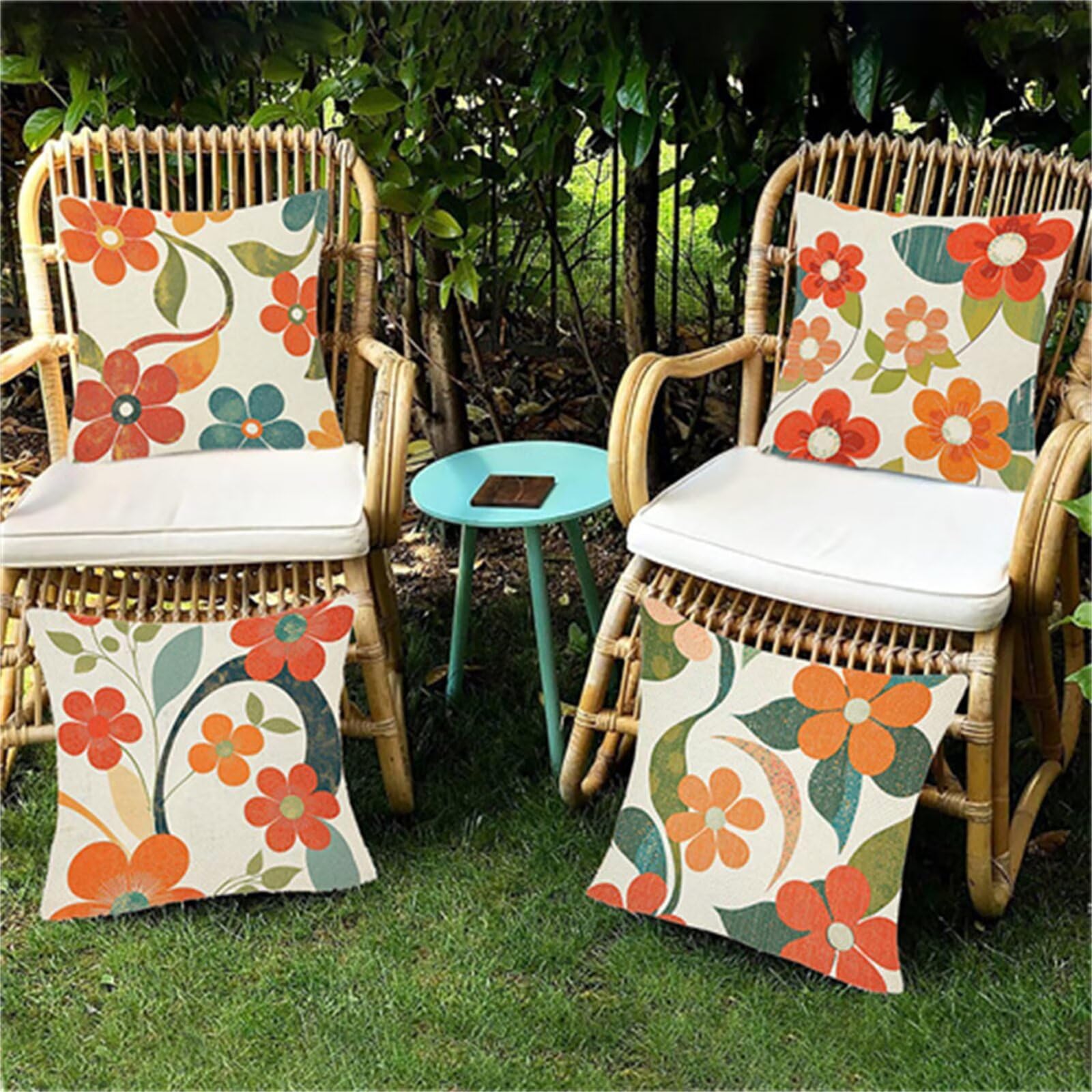 Outdoor Kissenbezug Beige 55x55 cm Outdoor Kissenbezug Wasserdicht Dekokissenbezug Blume 4er Set Leinen Zierkissenbezüge Kissenhülle Sofakissenbezüge für Garten, Schlafzimmer, Sofa, Stuhl, Bett, D-2