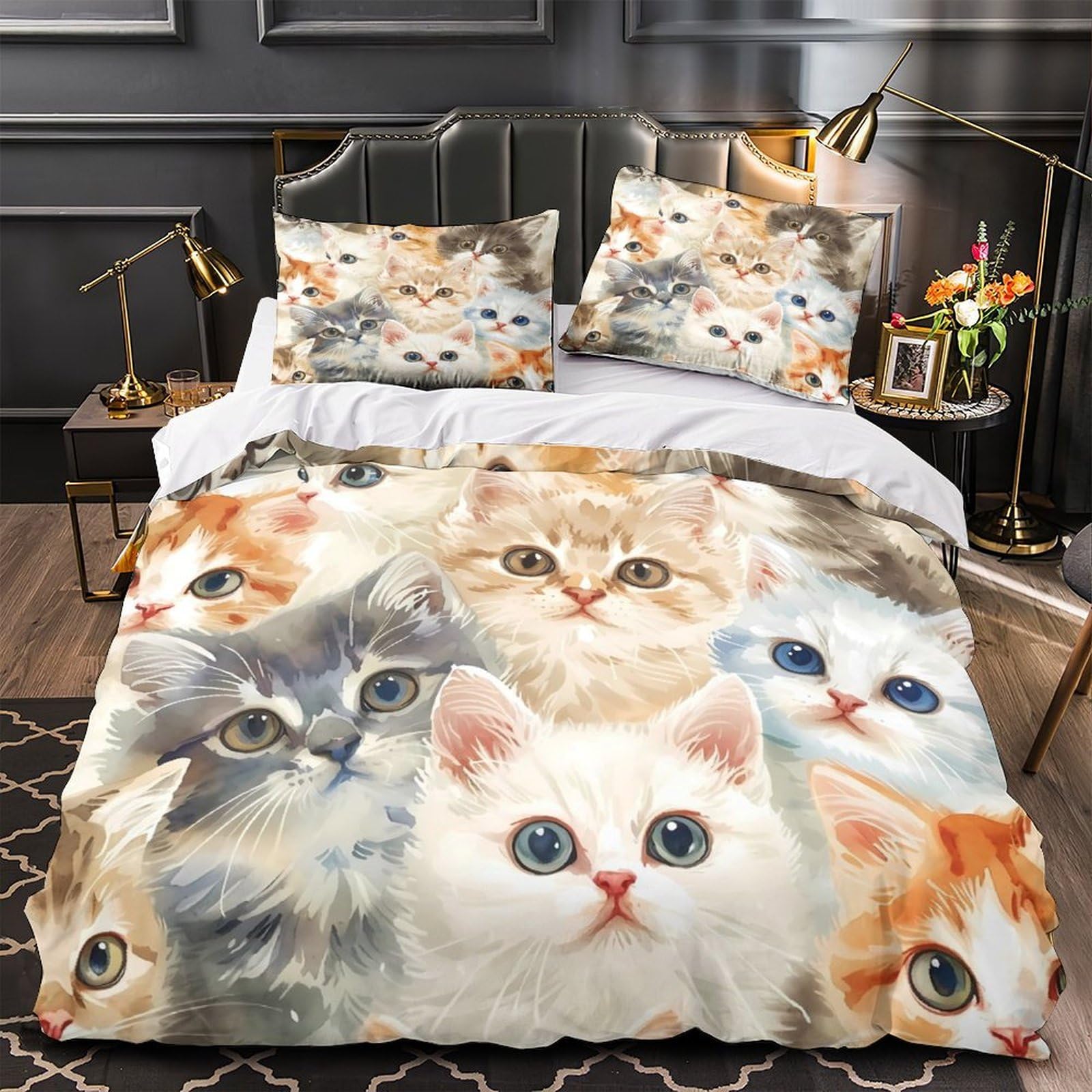 Housse de couette chatons 3D en microfibre hypoallergénique King 220x240cm