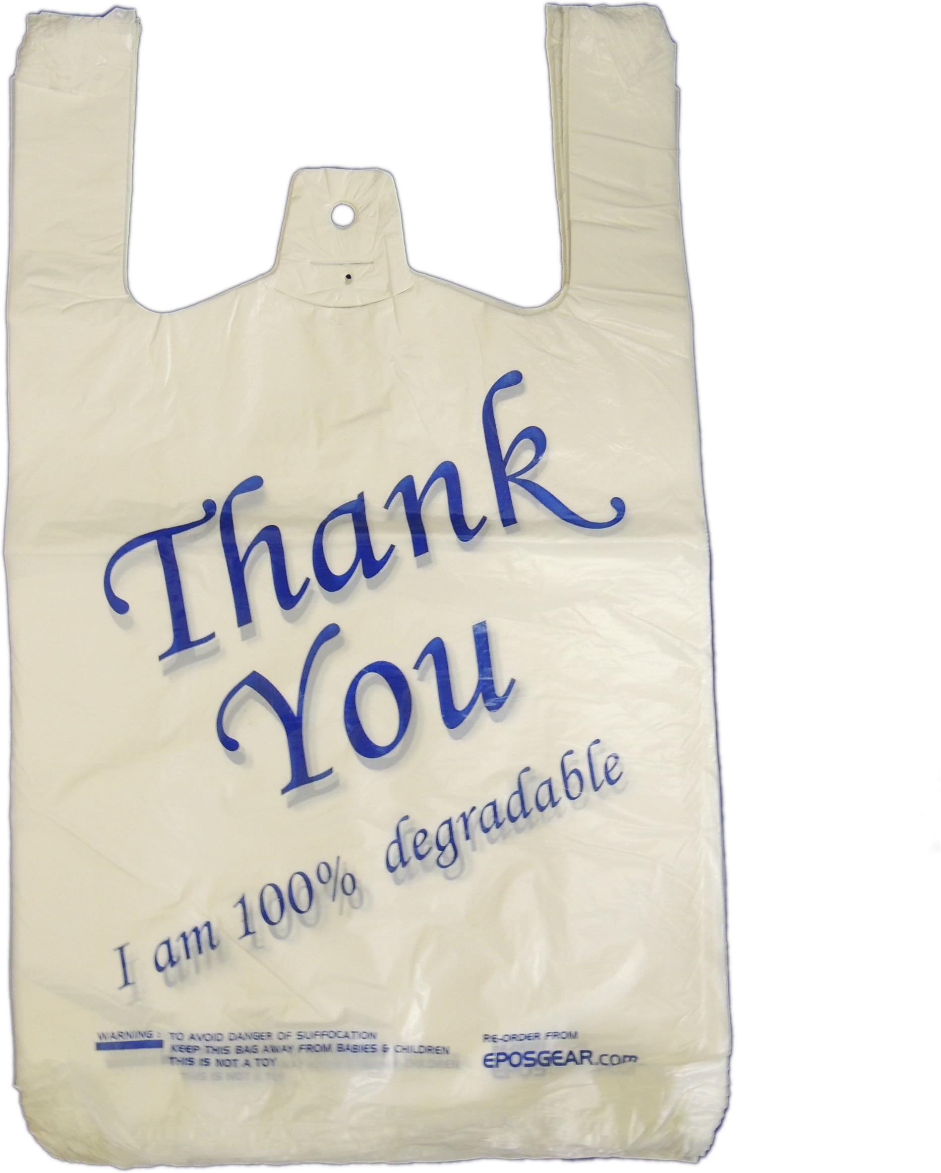 EPOSGEAR® Large Thank You 100% Degradable Eco Plastic Vest Carrier Bags (10" x 15" x 18", Blue, 100)