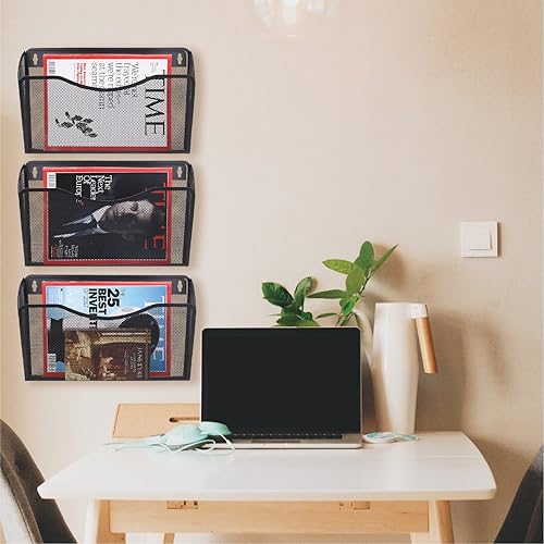 Miniatura 5 de Flexzion Carpeta de pared con bolsillo para cartas (paquete de 6) de malla metálica para colgar en el escritorio, caja de cesta colgante para