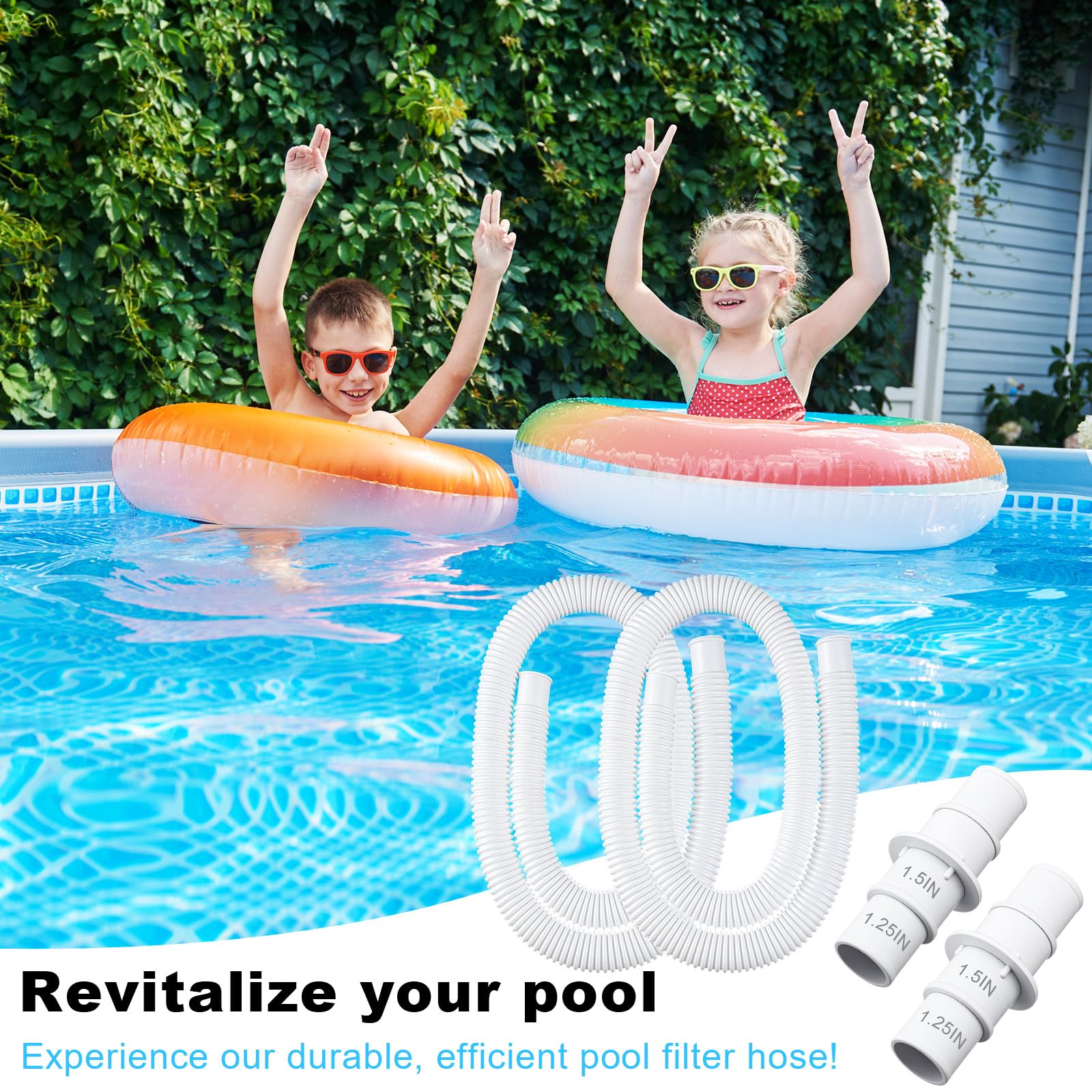 Nuanchu 4 Stück Poolschläuche für oberirdische Pools 3,8 x 149,9 cm und 3,2 x 149,9 cm mit 4 Stück 3,8 cm oder 3,8 cm Poolschlauch-Adapter, Ersatz-Filterpumpenschläuche, kompatibel mit universeller